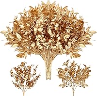 Vista 1 de Lyrow Paquete de 20 plantas artificiales doradas para decoración de Navidad, hojas de eucalipto artificiales, flores en aerosol, tallos de eucalipto