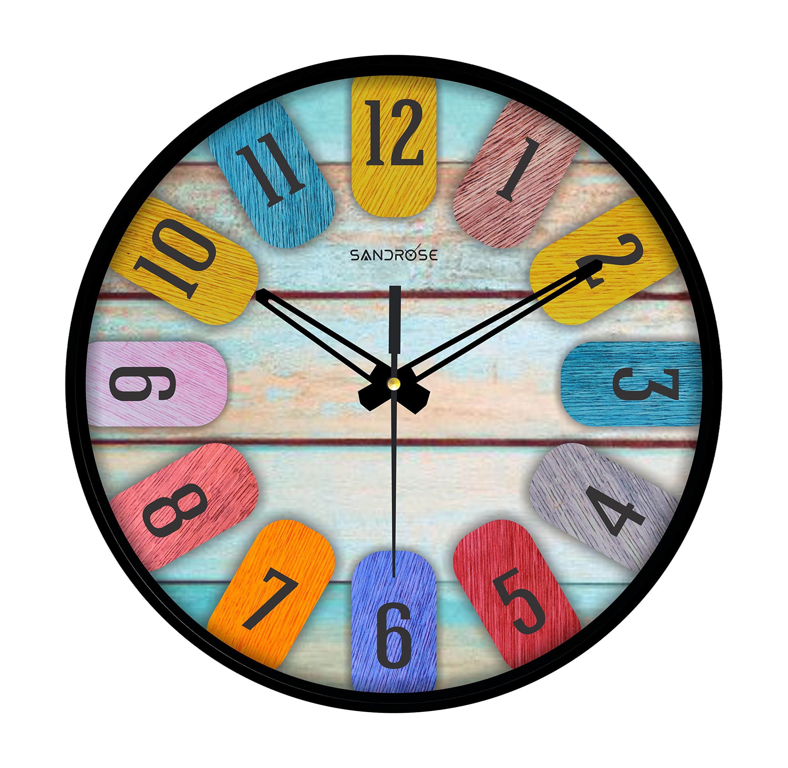 SANDROSE 10 inch Plastic Analogue Round Wall Clock for Living Room Home Bedroom Hall Office (Multicolor,24 cm x 24 cm 4.5 cm)