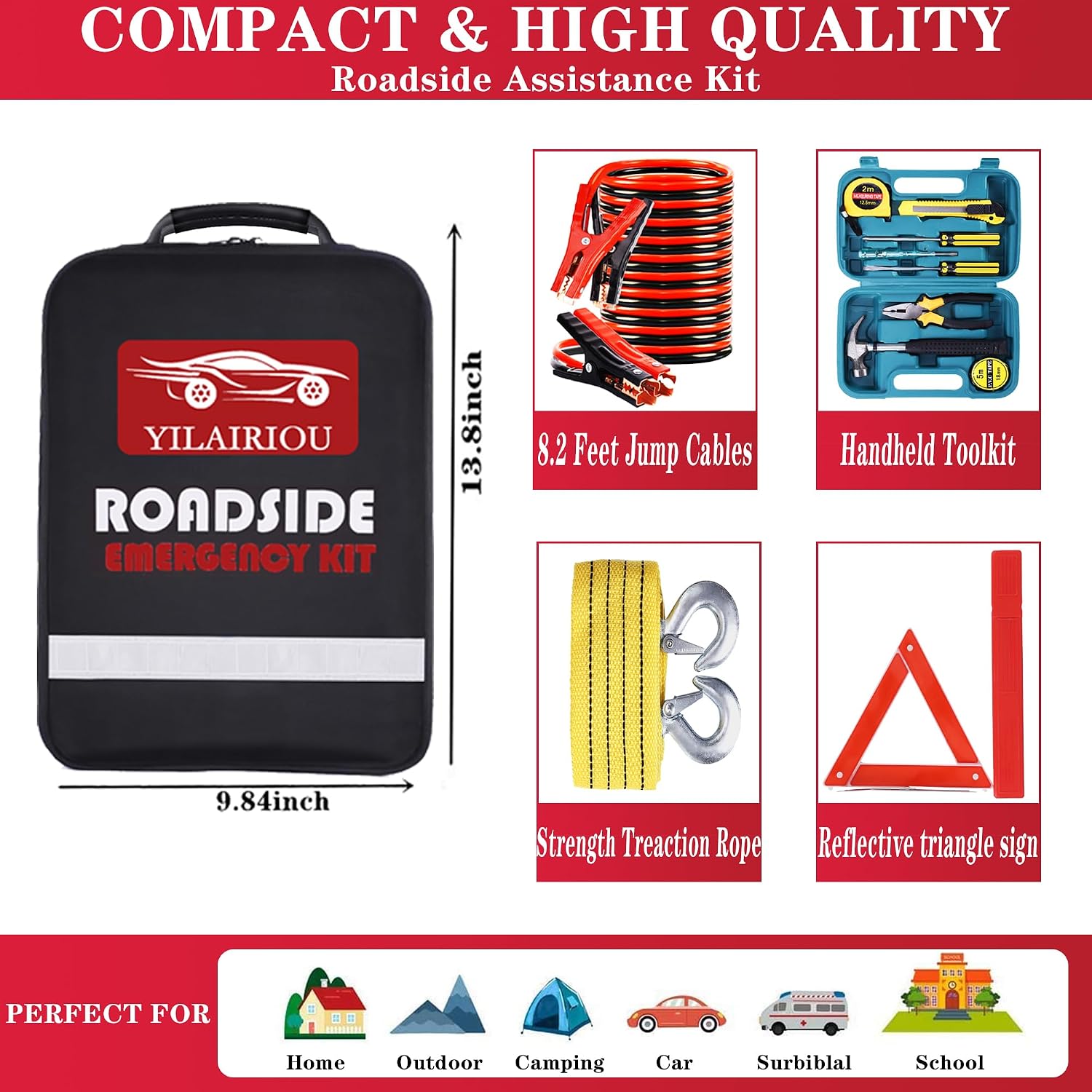 HAIPHAIK Roadside Emergency Car Kit-Safety Car Kit Car Emergency Kit with Jumper Cables Roadside Assistance Kit, Tow Rope, Safety Hammer, Reflective Warning Triangle,Car Tool Kit