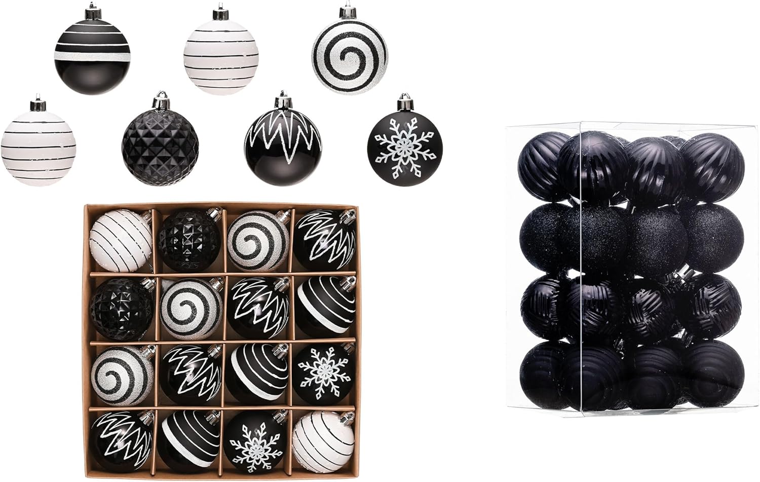 Valery Madelyn Christmas Ornaments Value Bundle(2 Items), 24ct & 16ct Modern Black White Shatterproof Christmas Ball Ornaments Set, Decorative Hanging Ornament Bulk for Xmas Holiday Party Decor