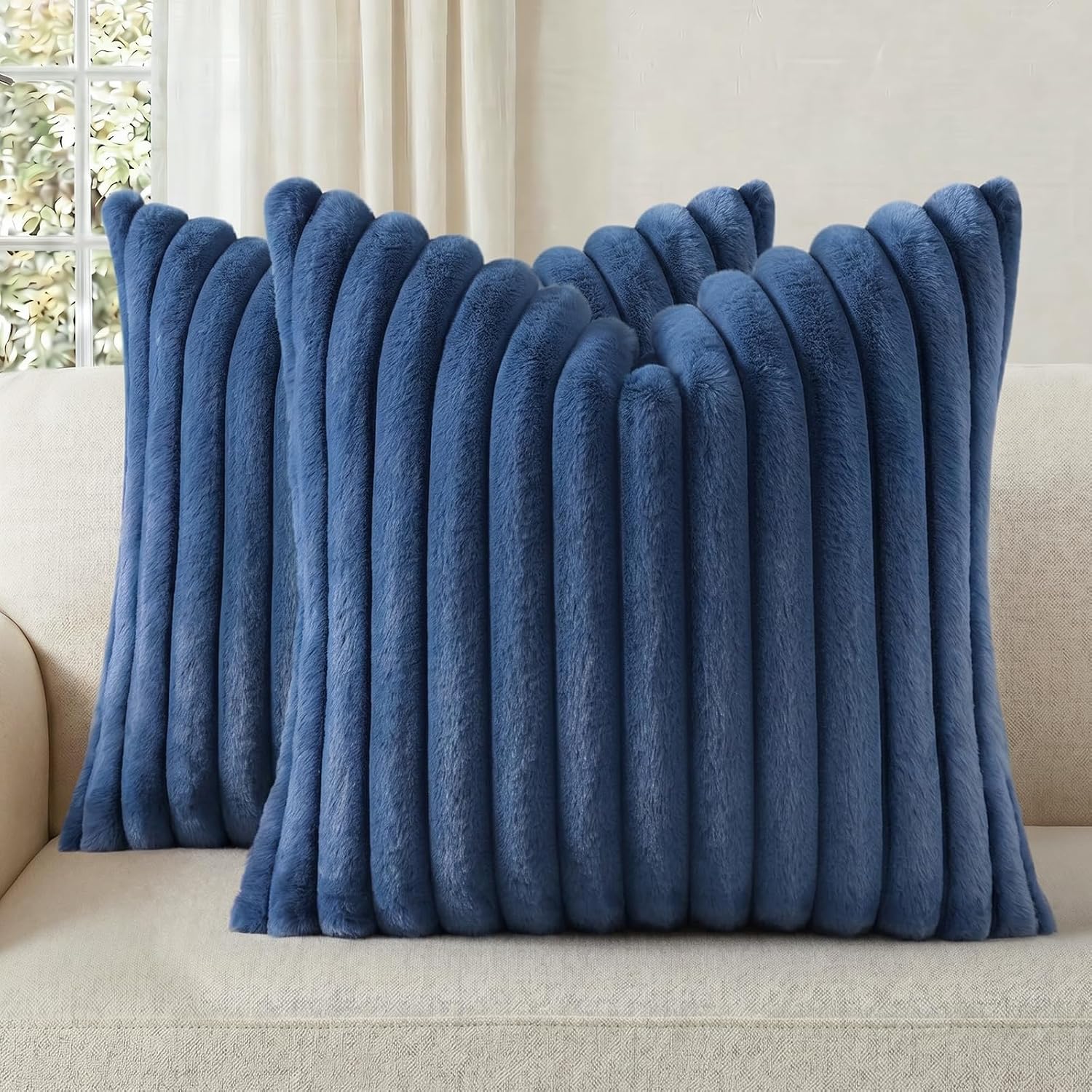 Homaxy Faux Fur Cushion Covers 45x45cm Set of 2, Dark Blue — image 1