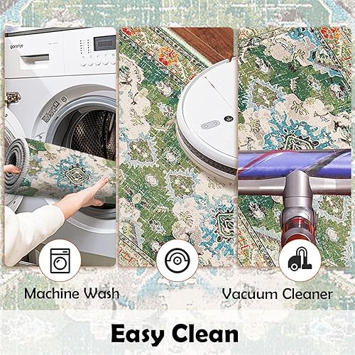 Miniatura 6 de Juego de 3 alfombras de cocina bohemias antideslizantes y lavables, para pasillo, lavandería, fregadero, color verde, 18 x 30 pulgadas + 18 x 47