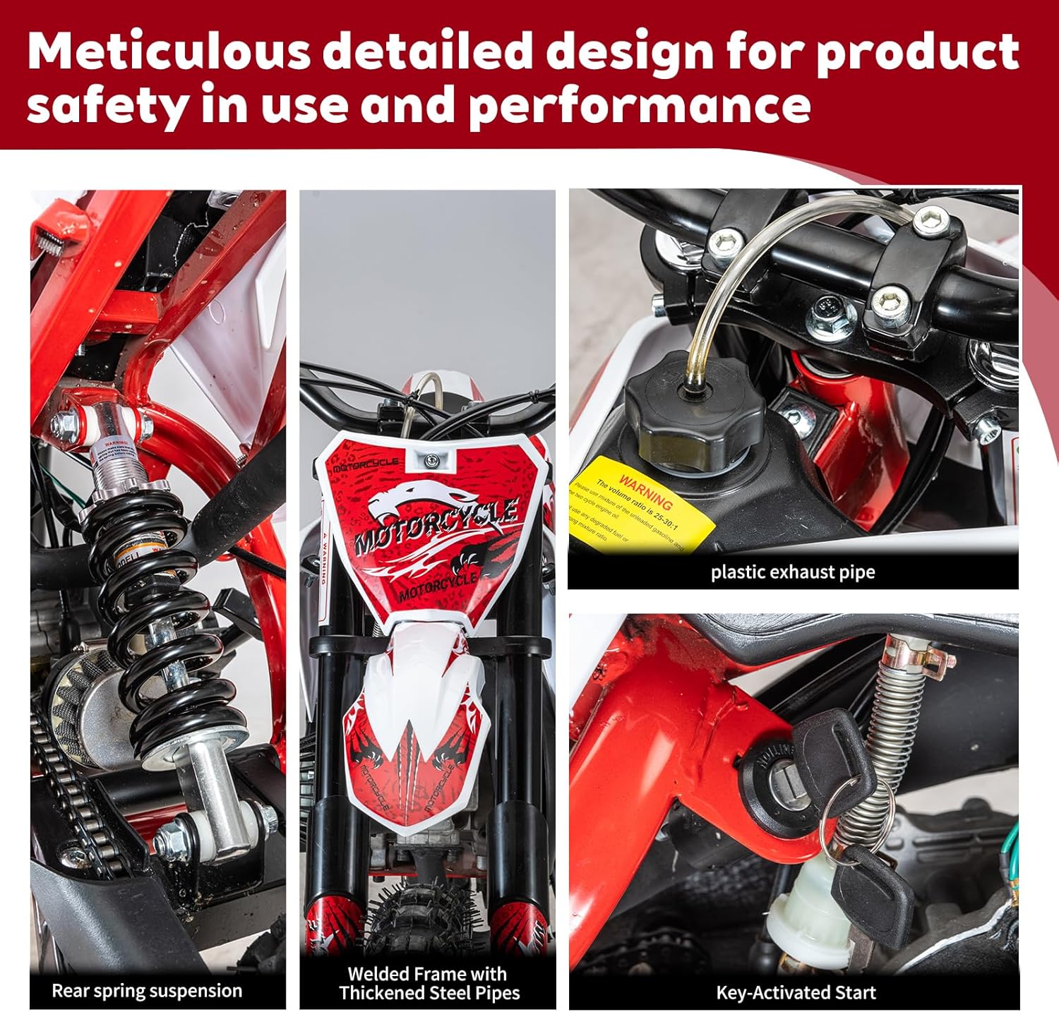 49CC Kids Dirt Bike, 2-Stroke Gas Powered Mini Motorcycle with Off-Road Tires, Dual Disc Brakes, Front/Rear Suspension, Pull Start, Soft Seat Cushion, for Ages 5-10 (Red)