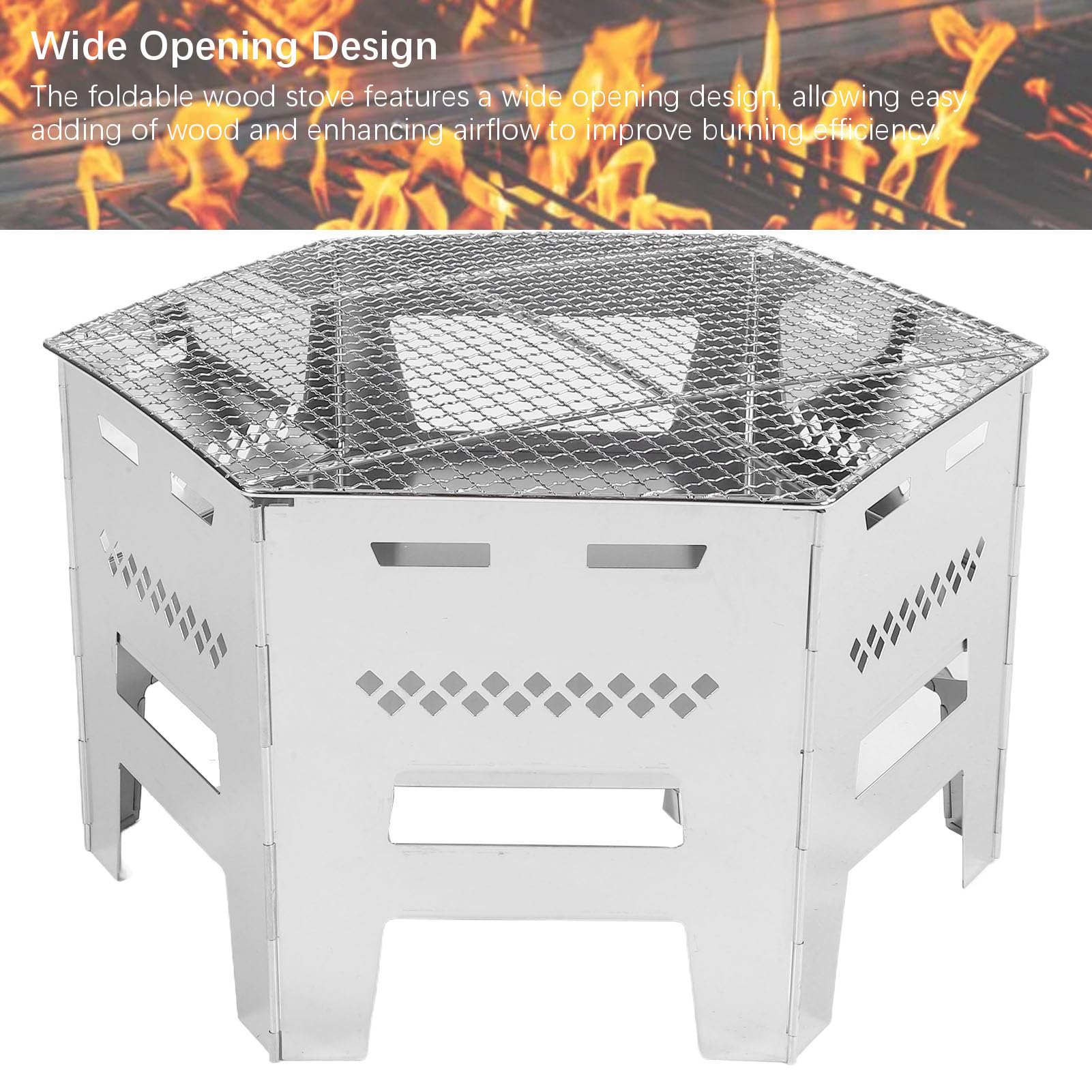 Fockety Składany piecyk na drewno, szerokootwieralny, przenośny piecyk na drewno ze stali nierdzewnej z pokrowcem, wędrówki, piknik, grill, ogrzewanie, gotowanie na świeżym powietrzu