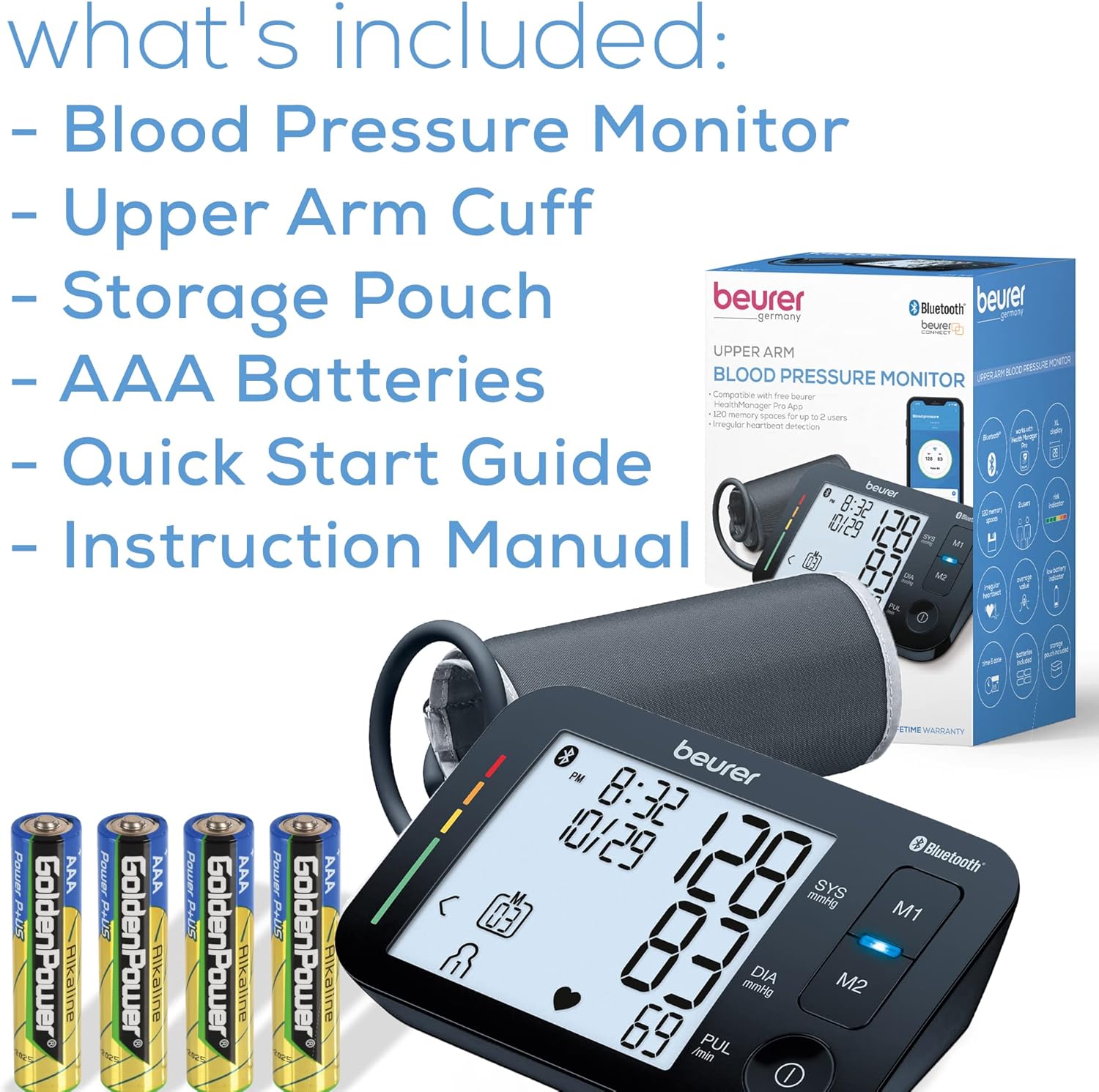 Contents of the Beurer BM54 package including the blood pressure monitor, cuff, storage pouch, and batteries.