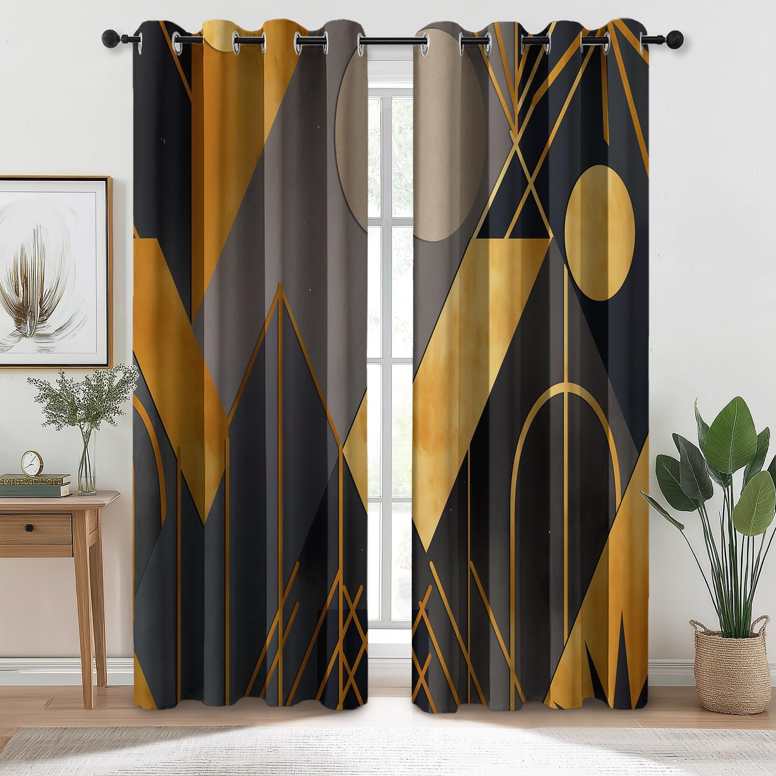 Rideaux Isolants 110L X 215H cm (2 Panneaux), Design Art Géométrique Abstrait, Tenture Opaque Anti-Chaleur pour Chambre Principale, Gris Or