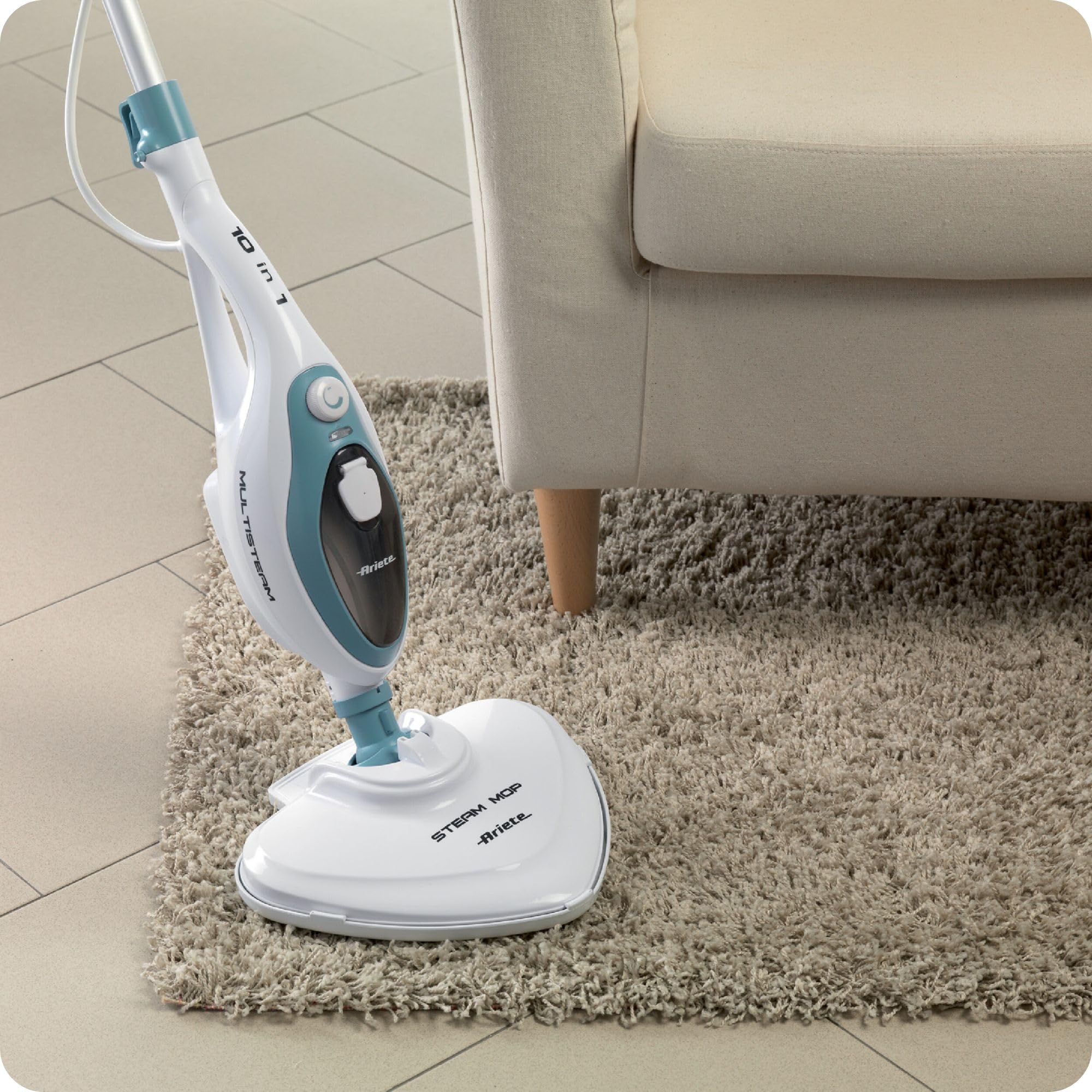 Ariete 4164 Steam Mop 10in1, Scopa Lavapavimenti a Vapore, 1500 W, Capacità 350 L, Vapore Immediato, Autonomia, Testa Snodabile, Bianco/Azzurro