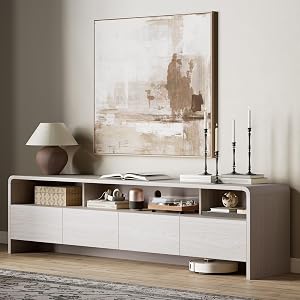 LUXOAK 70" Wood TV Stand with Curved Edge for TVs up to 80", Modern TV Console with Open Shelves & Storage Cabinets, Media Console Table for Living Room, White