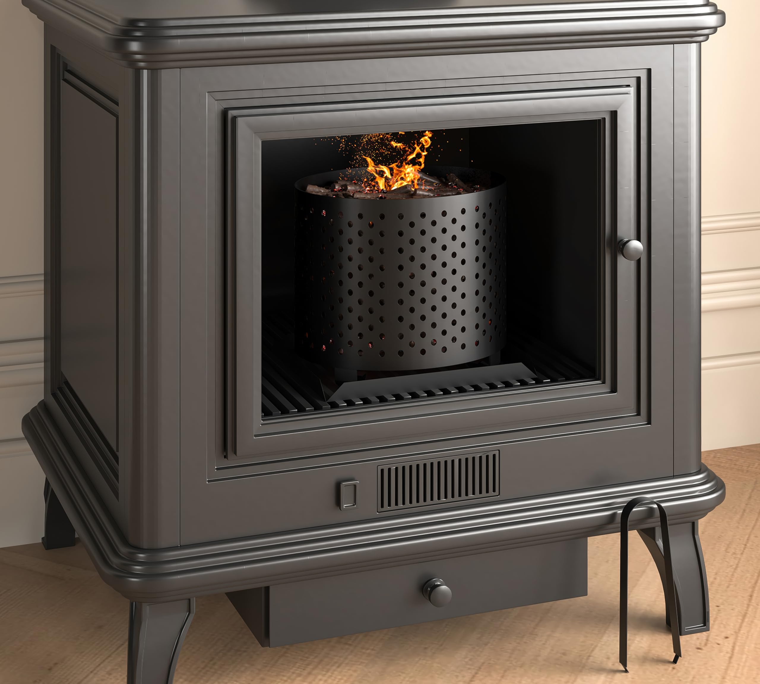 Panier à granulés Kingsons pour cheminée et poêle – Plateau de feu multifonction pour granulés de bois, copeaux et charbon – Brûleur en acier avec bacs à cendres, plaque de base et pincettes – 24 x 17