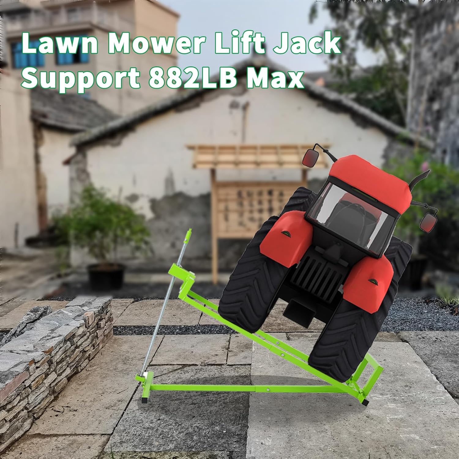 Lawn Mower Lift Jack - 800 Lbs Capacity Lawn Tractor Lifter with Manual Handle & Power Tool Extension Handle | Adjustable Telescopic Maintenance Jack for Garden Tractors & Riding Lawn Mower Green