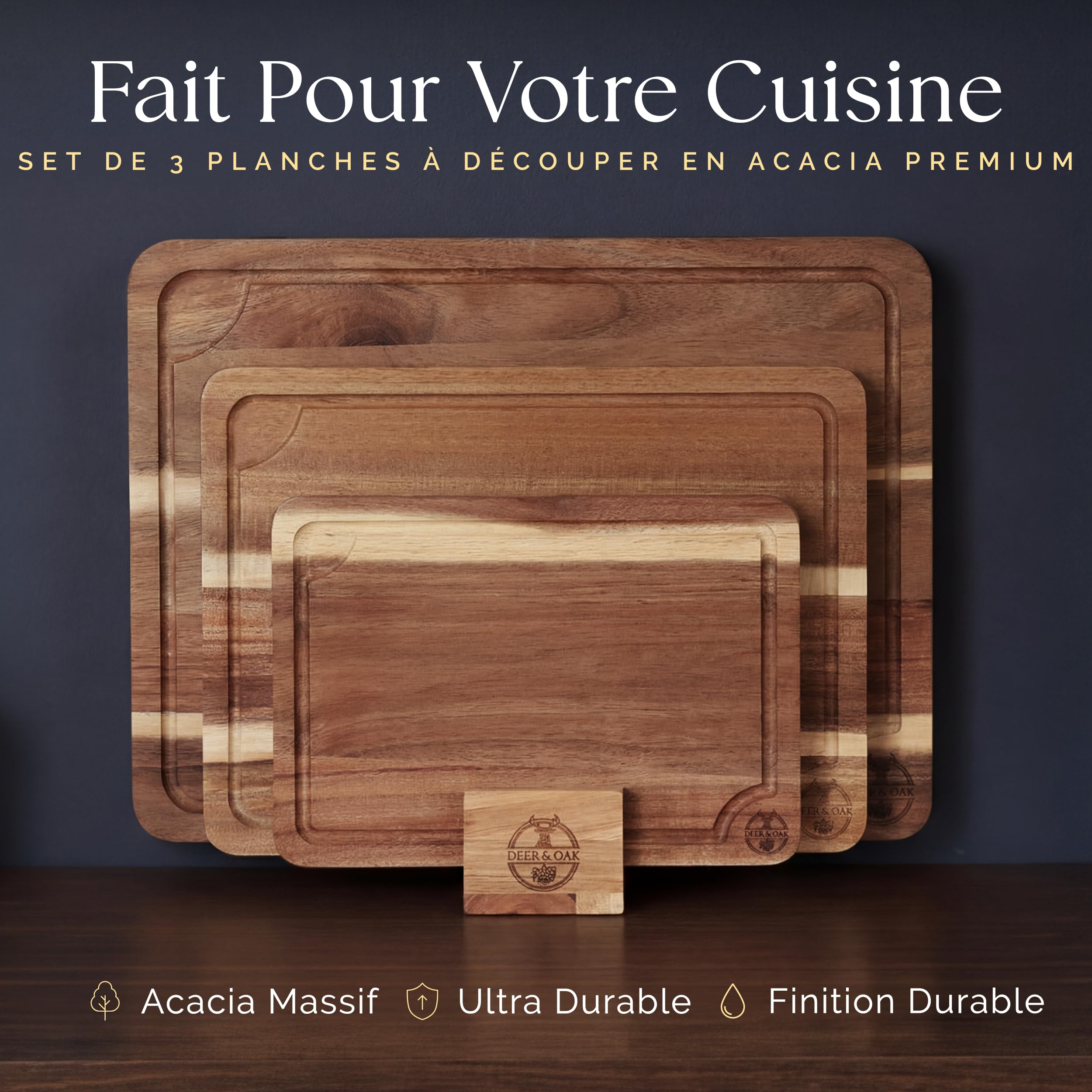 Ensemble de 3 planches à découper en acacia pré-huilées, non toxiques avec support, planches à découper en bois certifiées FSC, comprend 100 ml d'huile pour planche à découper, 3 planches de sculpture