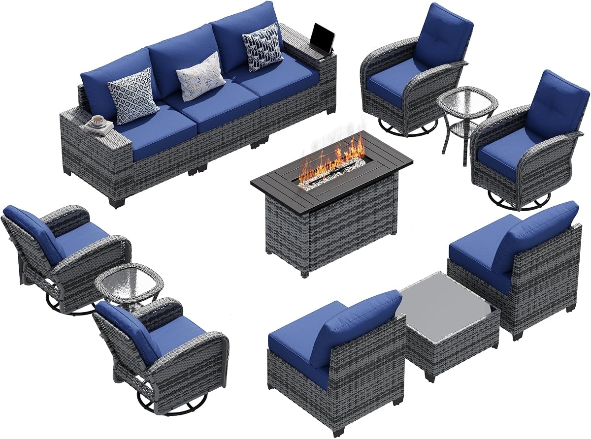 LazySunsets Juego de muebles de patio de 13 piezas con mesa para hoguera de 44 pulgadas, juego de conversación seccional de mimbre para todo tipo de clima con sillas mecedoras giratorias, cojines de 4 pulgadas de grosor para patio trasero junto a la piscina (azul marino/gris)