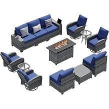 LazySunsets 13 PCS Patio Furniture Set with 44 Fire Pit Table, Outdoor Sectional All-Weather Wicker Conversation Set with Swivel Rocker Chairs, 4 Thick Cushions for Backyard PoolsideNavy/Grey