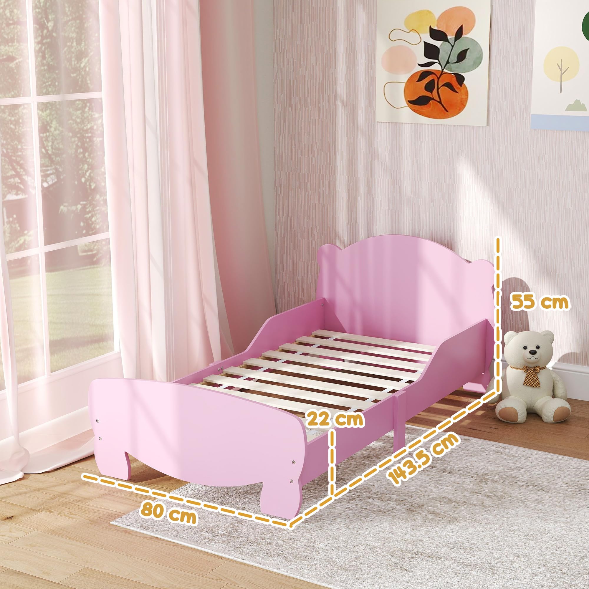 AIYAPLAY Cama Infantil Montessori para Niños de 3 a 6 Años, Cama Infantil Individual de 140x70 cm con Laterales Anticaída y Somier de Láminas de Madera en Forma de Oso para Habitación Infantil, Rosa