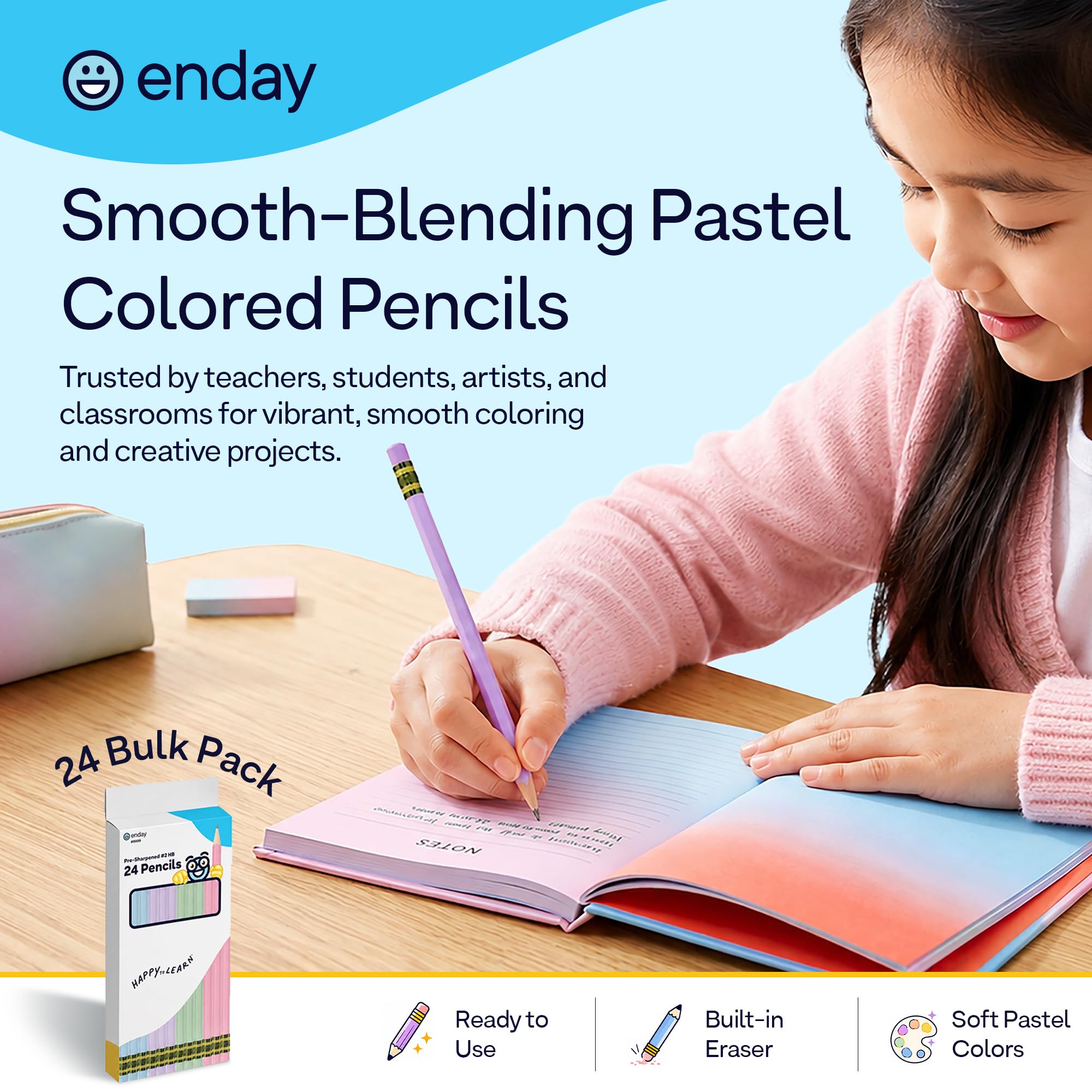 Enday Lot de 24 crayons aiguisés pour enfants Couleurs pastel