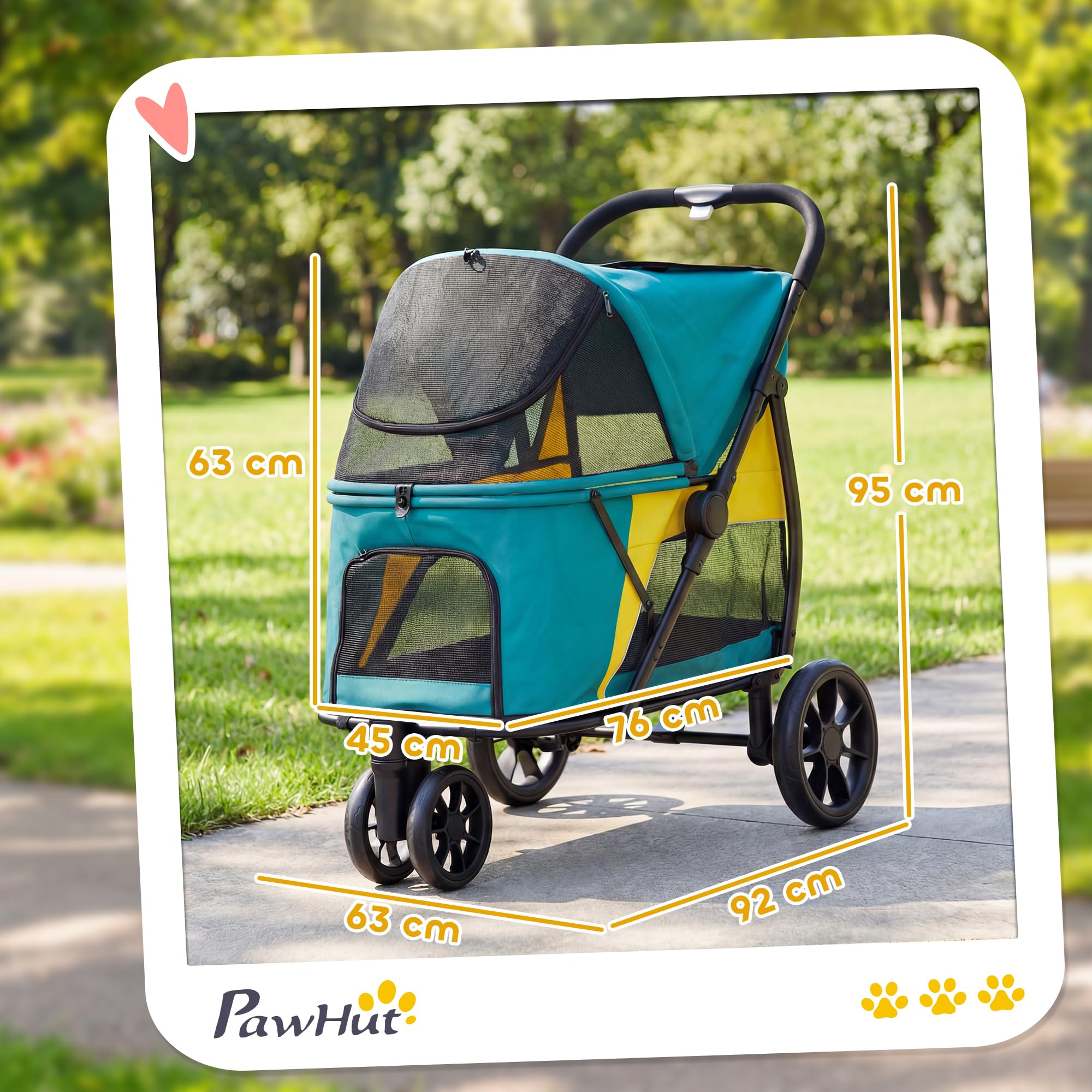 PawHut Hundewagen Hundebuggy Faltbar Katzenwagen bis 20 kg mit waschbarem Kissen, Netzfenstern, 3 Räder, Tür, Rückentasche, Haustierbuggy für kleine mittelgroße Hunde, Dunkelgrün