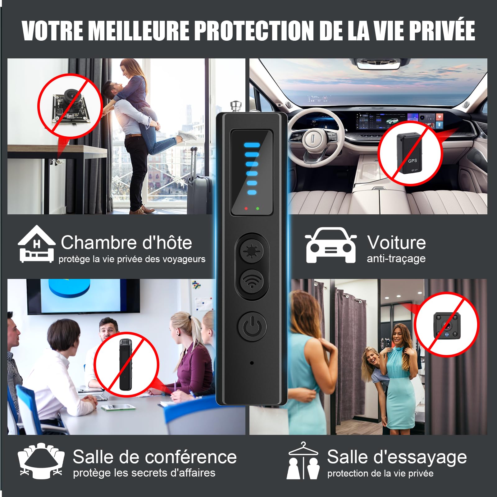 Detecteur de Camera Micro Espion, Anti-Espion GPS Tracker Scanner Détecter, Détecteur de Bugs Micro Espion Ecoute a Distance pour Bureau, Hôtel, Maison