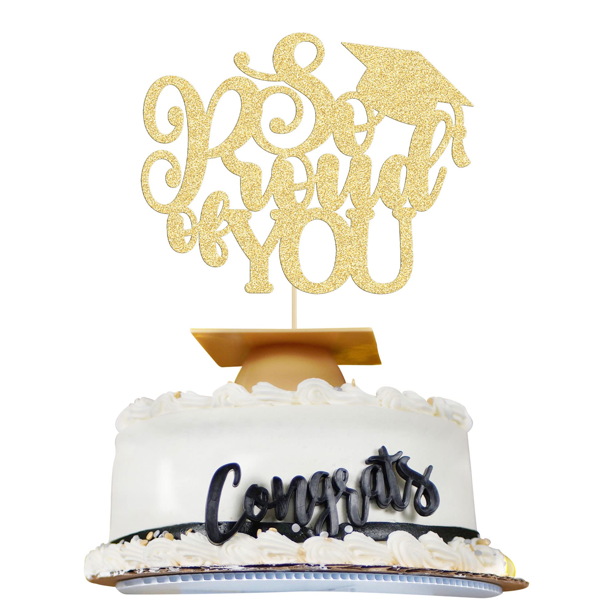 1Pc So Proud of You Cake Topper with Gold Glitter Diploma Graduation Cap Cake Pick Congrats Class of 2026 Cake Decorations for 2026 Theme High School