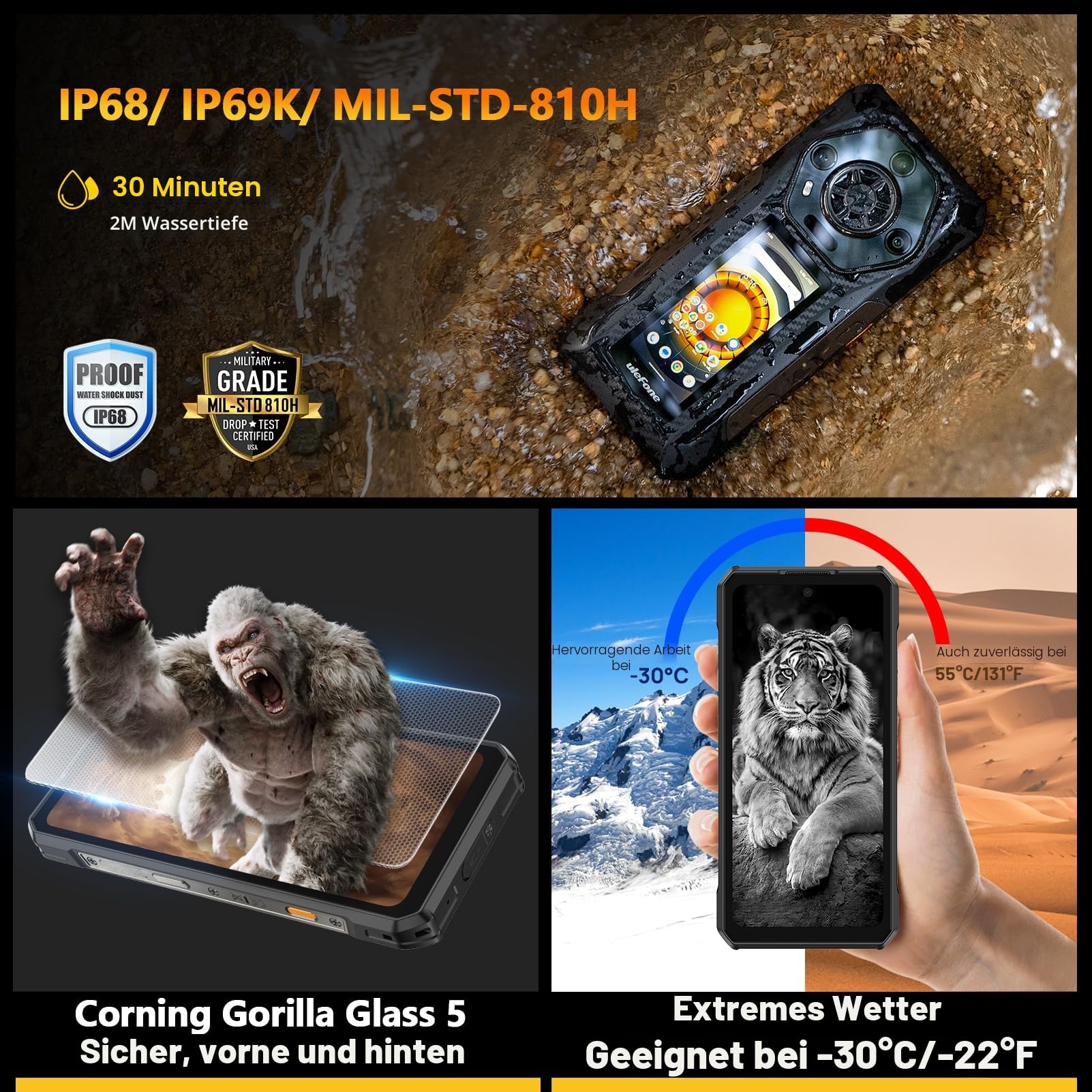 Ulefone Armor 30 Pro 5G Outdoor Handy, 32GB+512GB/2TB, 6,95" FHD+ 120Hz & 3,4" Sekundärdisplay, 12800mAh 66W, 50MP+64MP Nachtsicht+32MP, Android 14, WiFi 6E/NFC/GPS/Fingerabdruck/Face ID