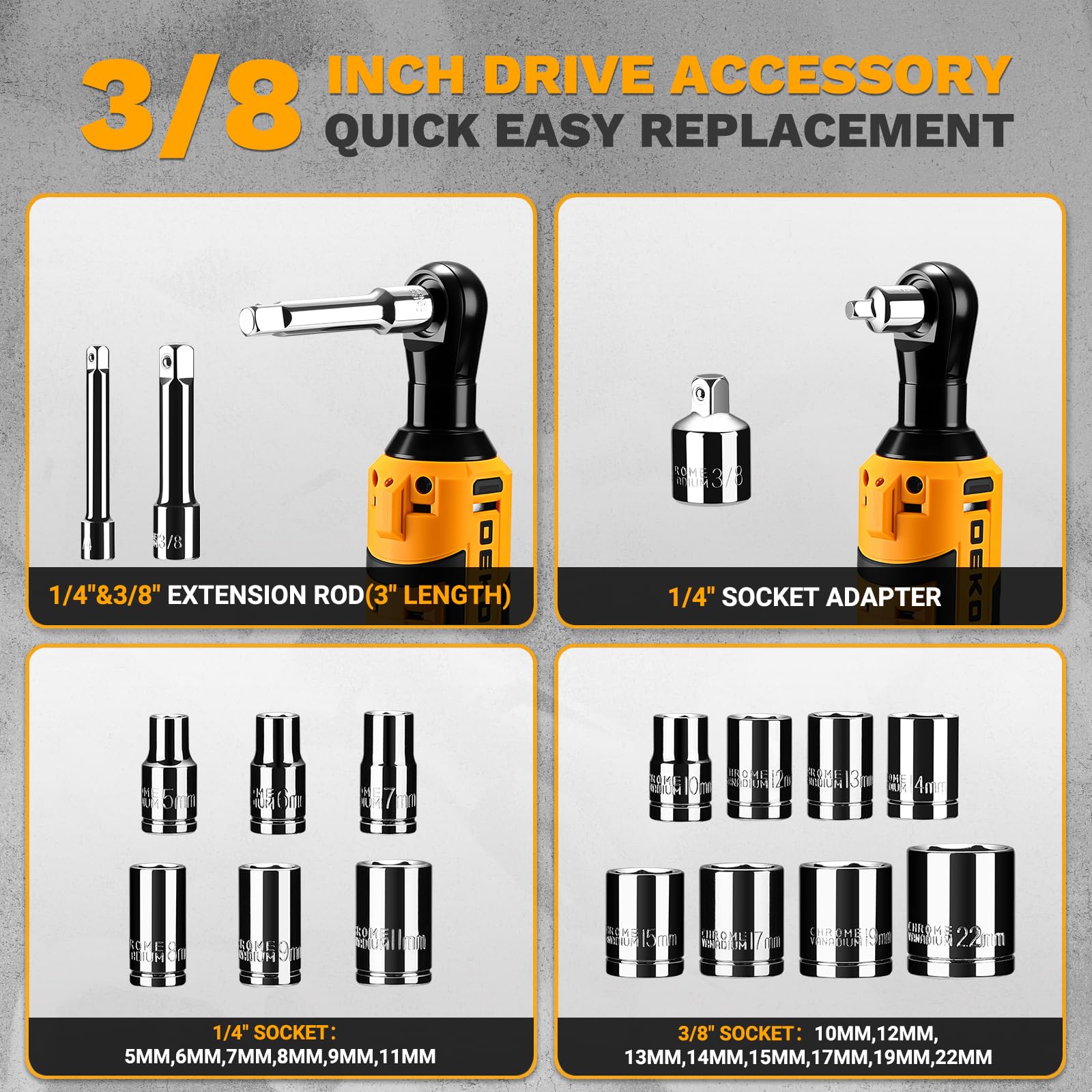 DEKOPRO Clé à Cliquet Sans Fil Electrique - 8V 30N.m 450tr/min 3/8" Kit de Cliquet 19 Pièces avec Douilles Courtes, Bielles (1/4", 3/8"), Adaptateur de Douille 1/4" et Coffret de Rangement