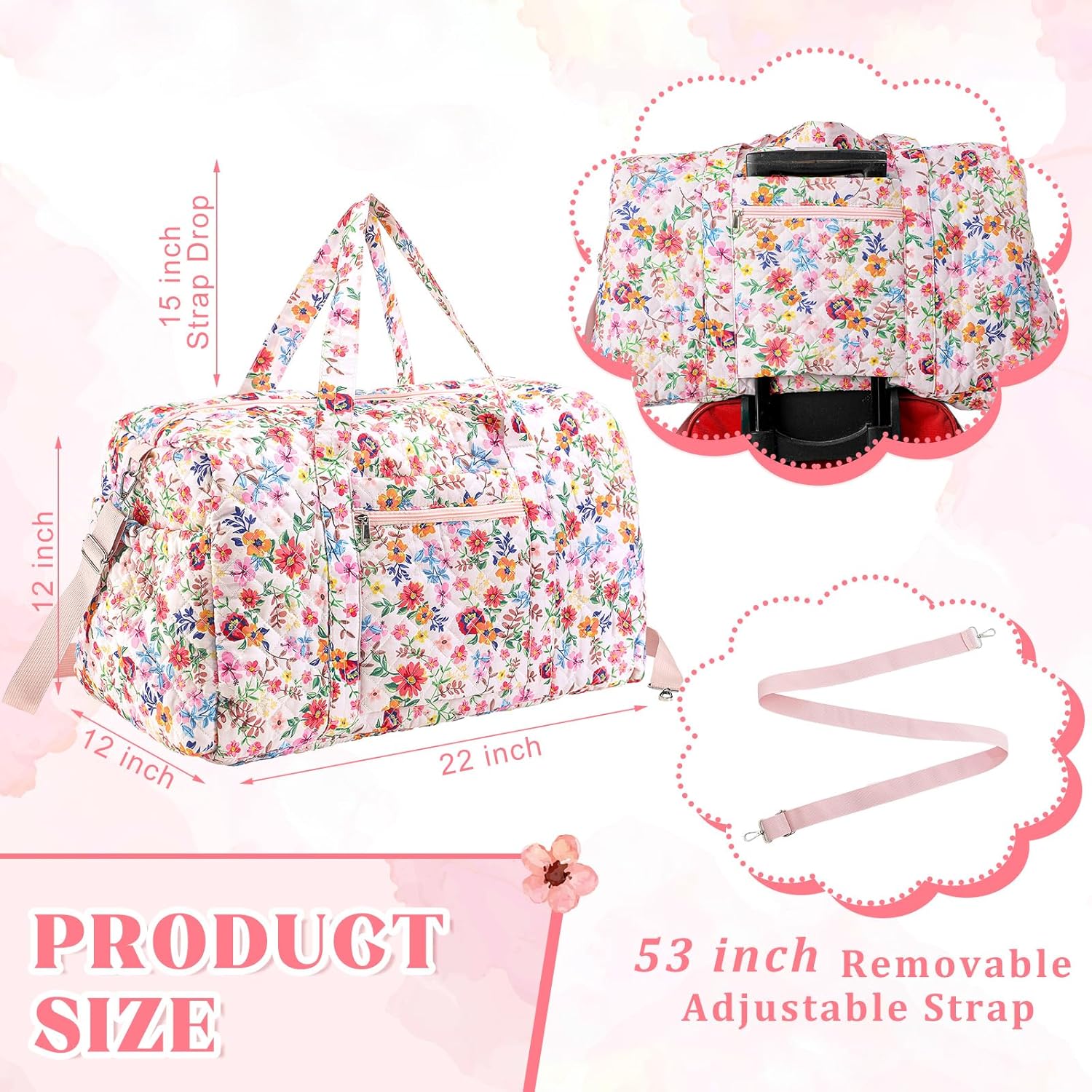 Large Quilted Travel Duffle Bag for Women Floral Portable Gym Weekender Bag with Zipper Pockets Workout Grocery Pouch Duffle Gift Pouch for Work(Pink Floral) - Image 2