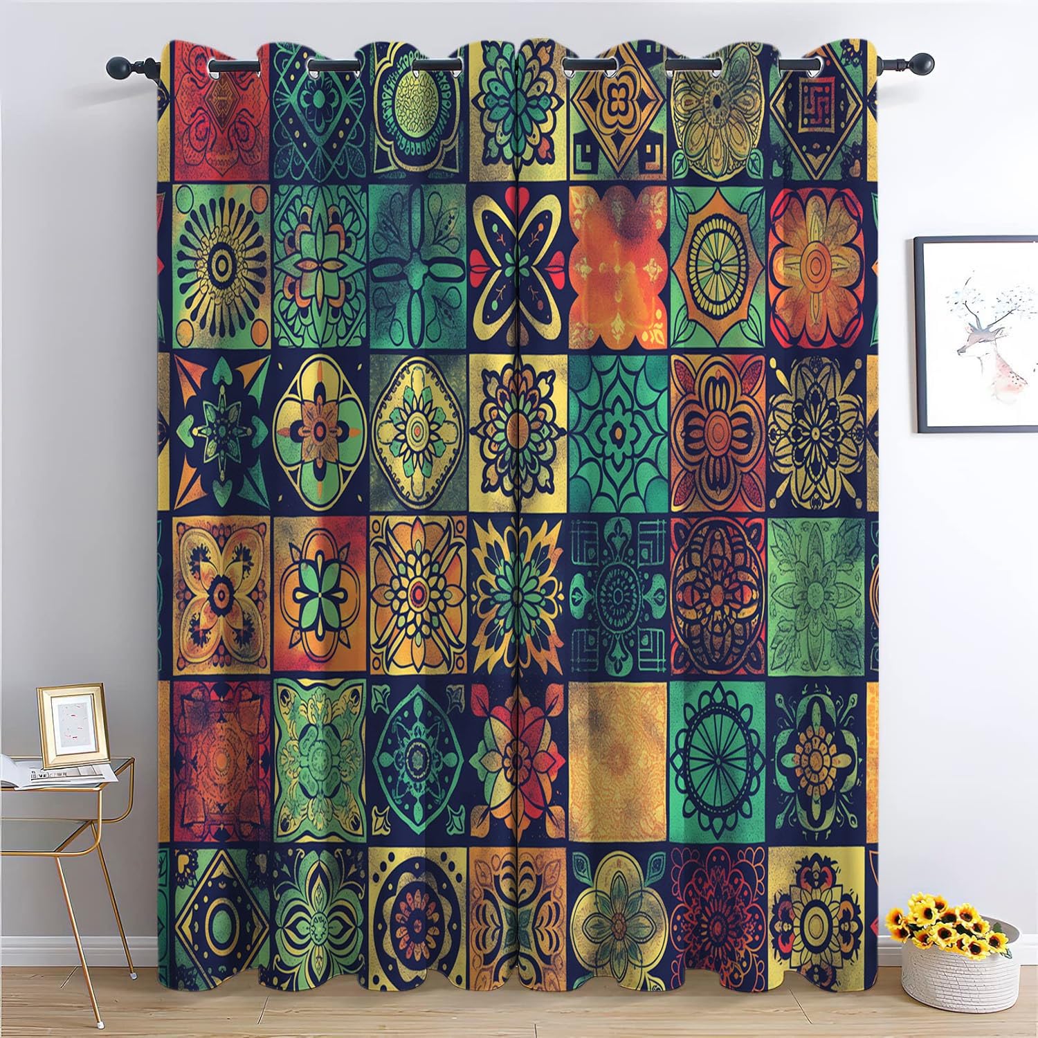 Cortinas Opacas Empalme de Estampados Tradicionales Indios Térmicas Aislantes Frío y Calor, Cortinas Modernas Decorativas con Ojales para Dormitorio, 150 x 166 cm Mandala y Estilo Bohemio.