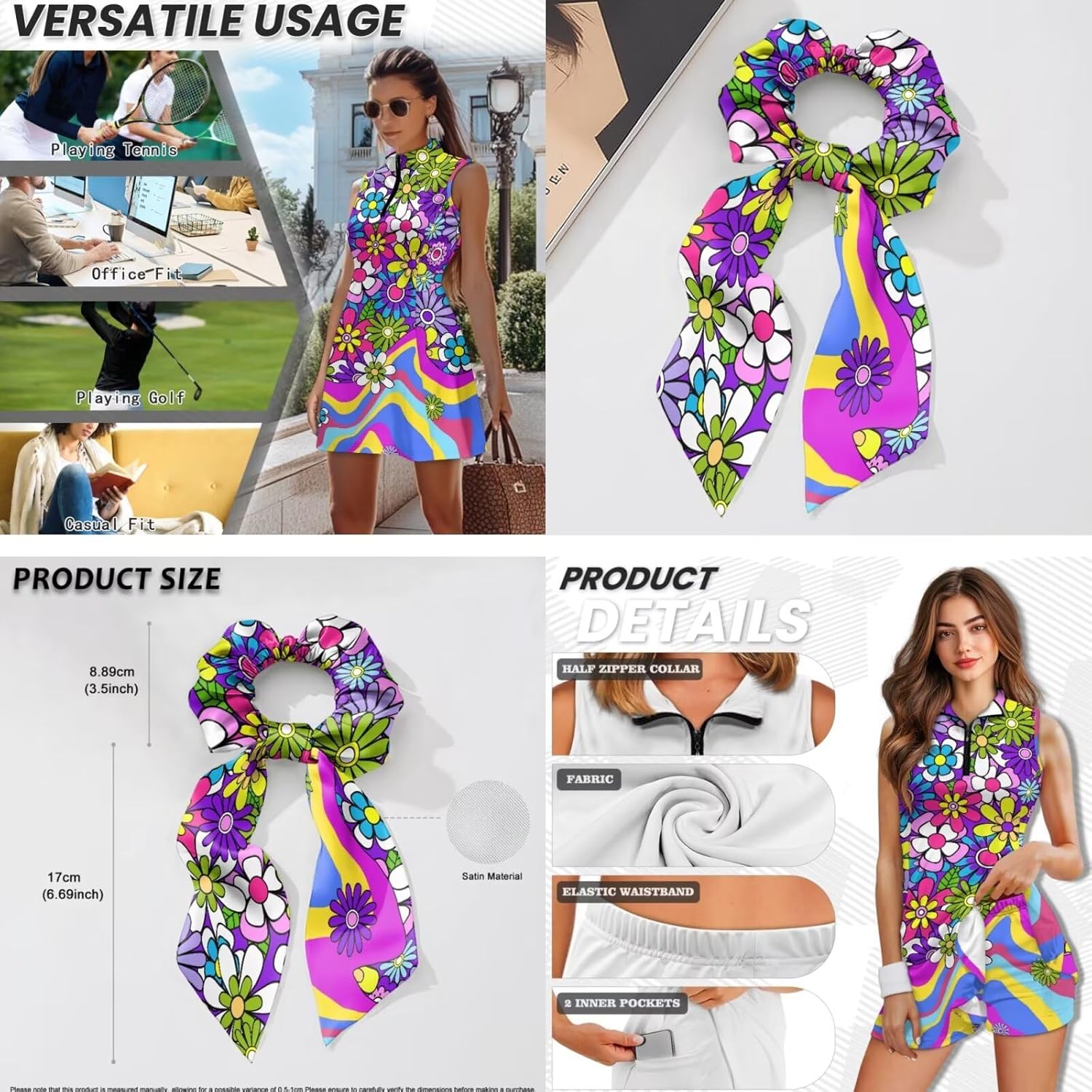 HUGS IDEA Women's Tennis Dress 3pcs Golf Dresses with Shorts Bow Scrunchie Retro Golf Dress for Party Sports XS-2XL - Image 6