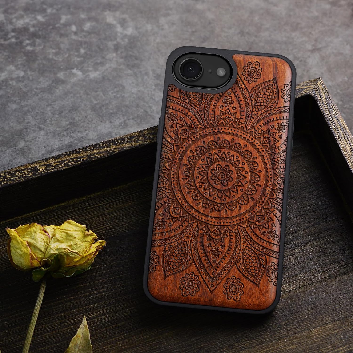 Carveit Magnetic Wooden Case for iPhone 16e / 17e, Solid Wood & Black TPU, Artisan Engraved Design, Shockproof Cover, Compatible with MagSafe Wireless Chargers, Indian Floral Mandala - Rosy