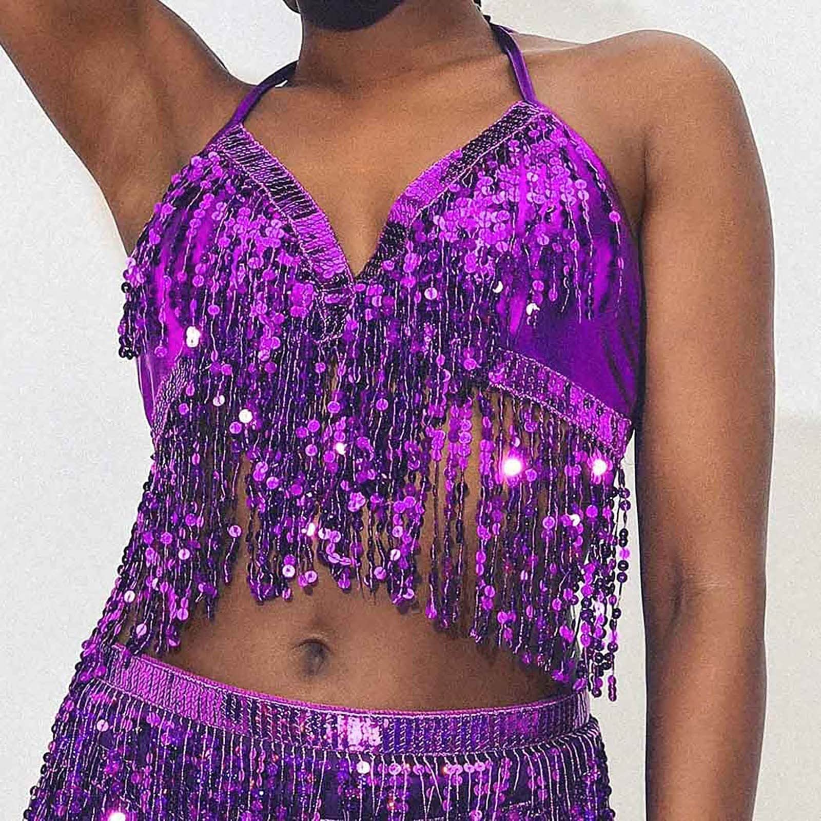 Generisch Camiseta de rayas para mujer, danza del vientre, lentejuelas, sujetador borla, ropa halter tops, moda para mujer