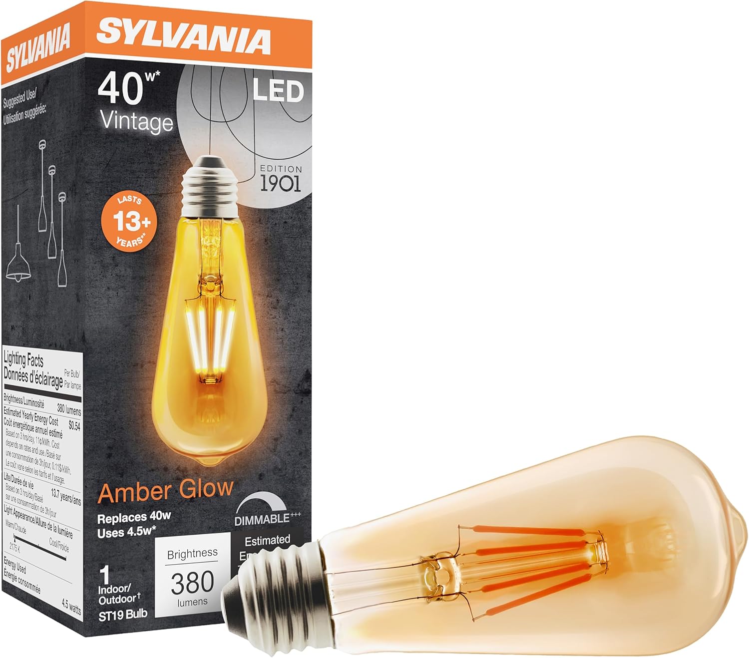 Sylvania LED Vintage Filament ST19 Light Bulb, 40W Equivalent Efficient 4.5W, 13 Year, Dimmable, 2175K, Amber Glow - 1 Pack (75351)