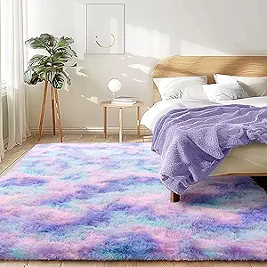 5x7 Fluffy Rug - Non Slip Rainbow Tie-dye Shaggy Rug for Living Room - Cute Floor Rug for Girls Room - Multi Blue