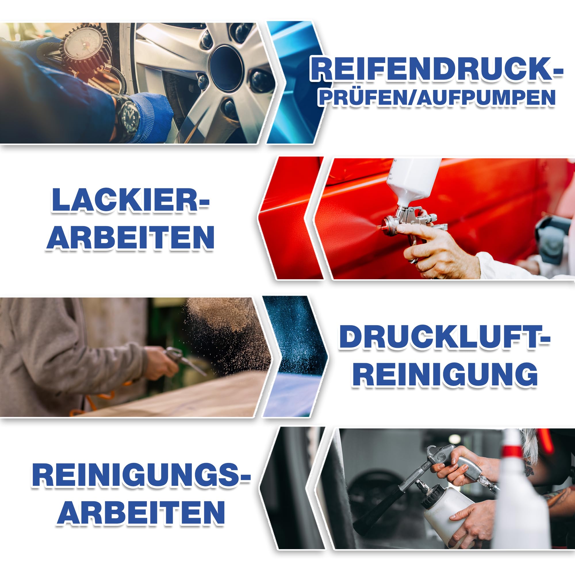 NTG Druckluft Werkzeug Zubehör Set 5 tlg. Kompressor | Spiralschlauch | Reifendruckpistole m. Manometer | Ausblaspistole | Farbspritzpistole m. Fließbecher | Reinigungspistole m. Stahlbehälter