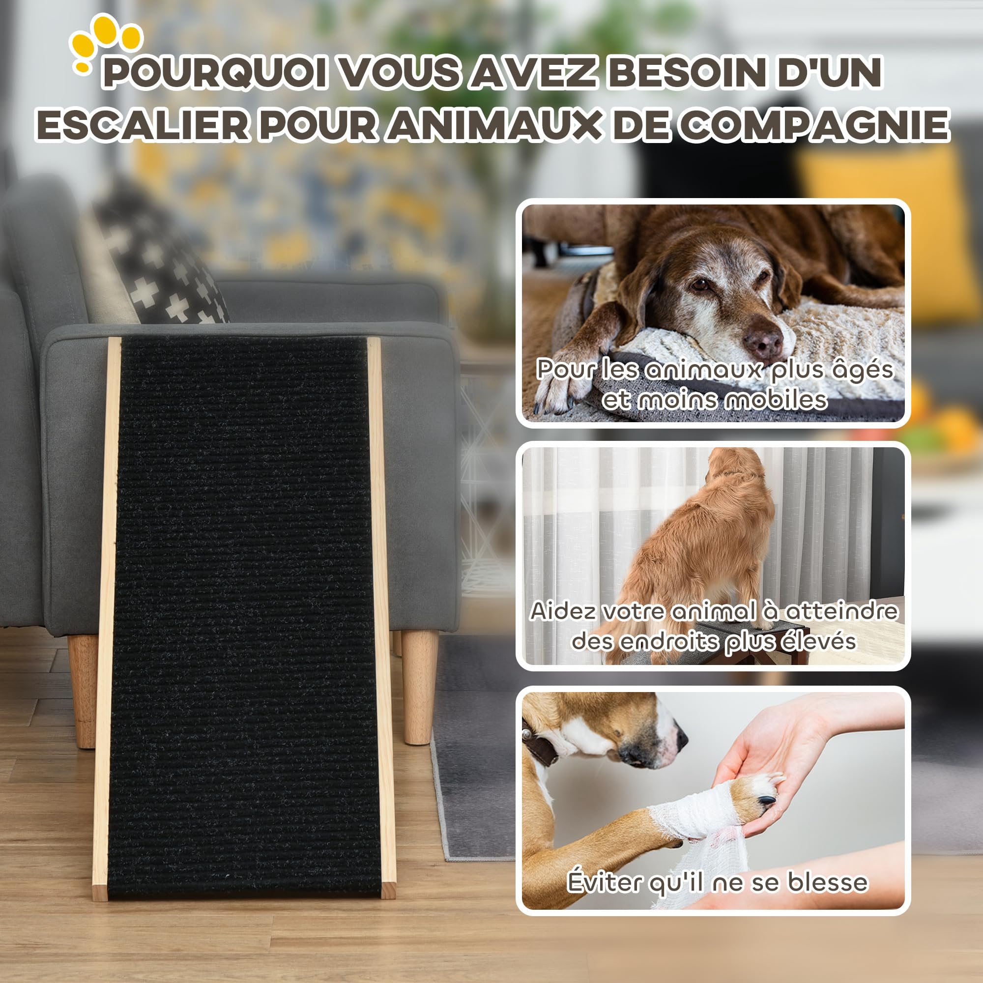 PawHut Rampe pour Chien de Grande Taille Pliable, escalier pour Chien avec Hauteur Ajustable 26-61 cm, Surface antidérapante, Facile à Transporter, pour lit et canapé, Bois de pin, Noir