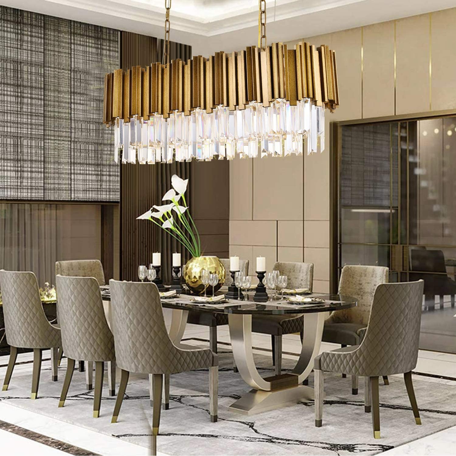 Modern Crystal Chandelier, Rectangle Pendant Lights Raindrop Chandeliers Lighting Fixture for Dining Living Room Kitchen Island Bedroom Foyer (Antique Gold)