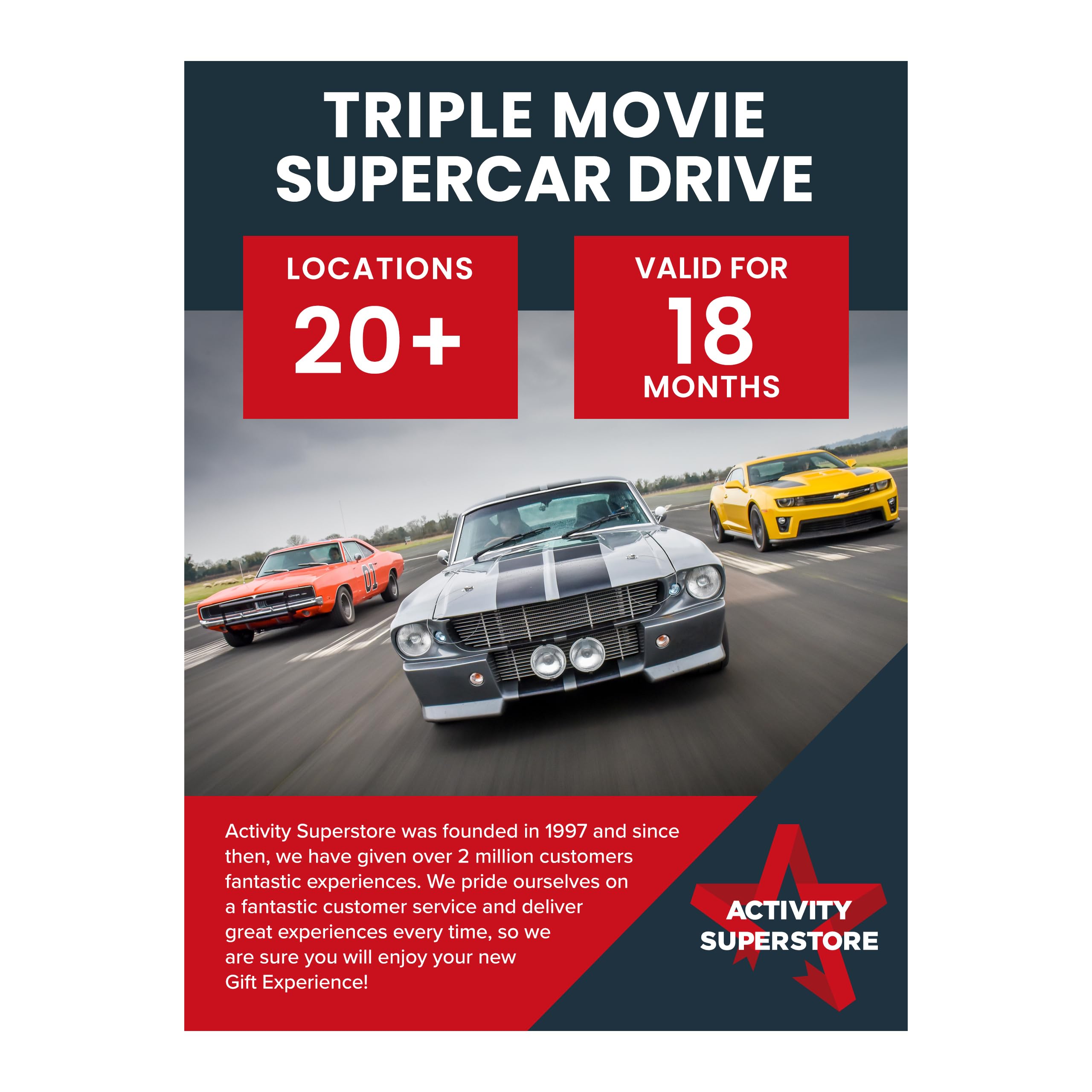 Activity Superstore Triple Movie Supercar Drive, Available at 20+ UK Locations, 18-month Validity, Experience Days, Driving Gifts, Track Days, Birthday Gifts
