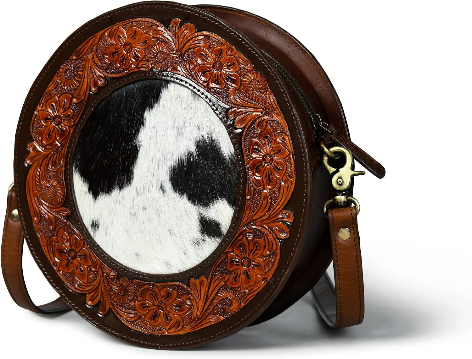 Hard Wax Leather Crossbody Bag Purse Circle Bag Round Crossbody Cell Phone Purse For Women -(Black/Brown)