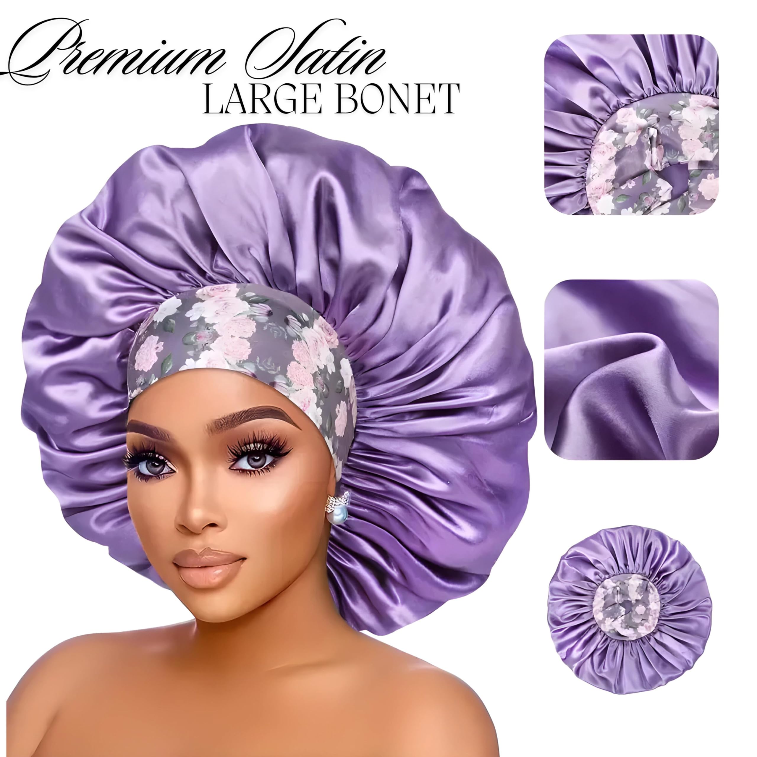 Silk Press Hair Products for Black Women, Satin Bonnet for Women, Silk Bonnet for Curly Hair & Sleeping, (Lavender) (US, Alpha, One Size, Large, Lavender)