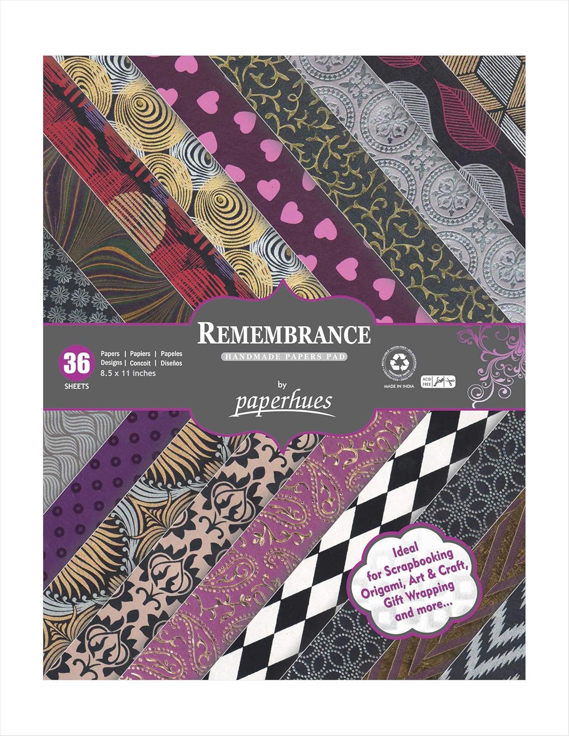 Paperhues Remembrance Handmade Scrapbook Collection Papers 8.5x11" Pad, 36 Sheets.