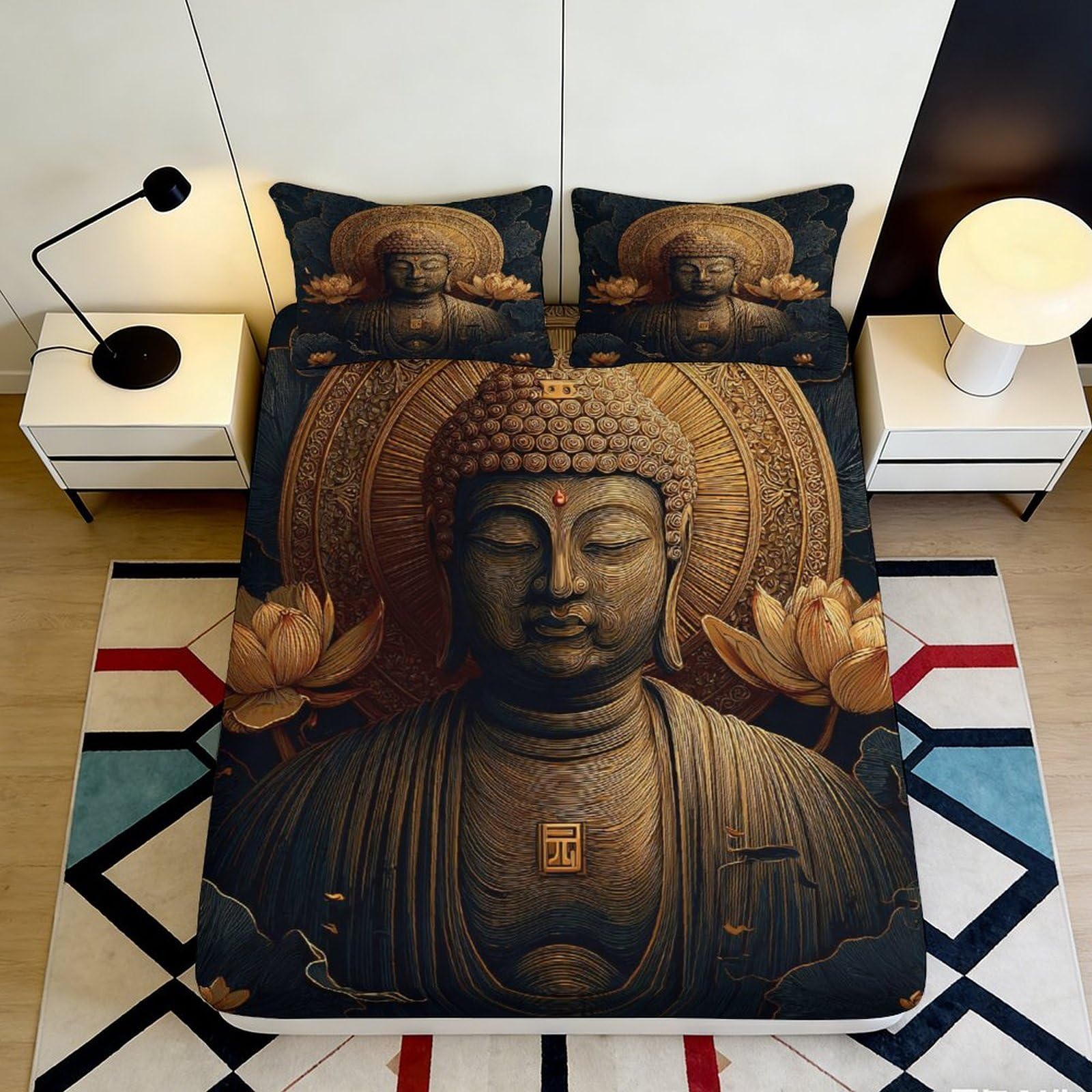 3D Printed Buddha Lotus Pattern Fitted Sheet Microfiber Non-Slip Deep Pocket Lotus Mattress Fitted Cover Full Wrap Machine Washable for Adults Bedroom 140x200x25cm