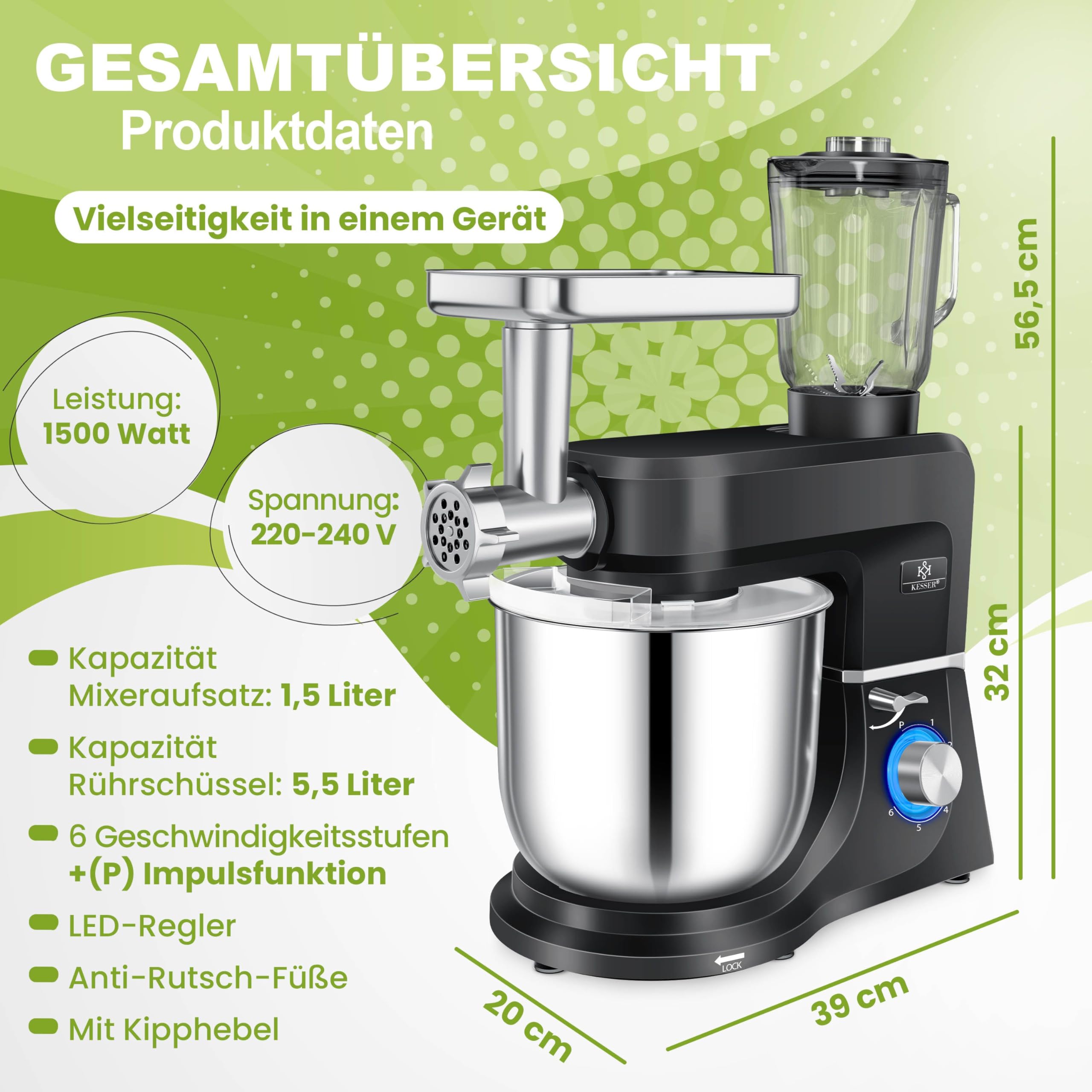 KESSER® Küchenmaschine 3in1 mit Fleischwolf & Mixer, 1500W Knetmaschine 5,5L Rührschüssel + Spritzschutz, 6 Geschwindigkeiten, Knethaken, Schneebesen, Rührhaken & Raspeln, Backen & Kochen, Schwarz