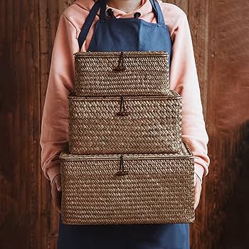 Amazon.co.jp: tianmen 編みかご 蓋付き 籐かご 収納かご 防塵 収納