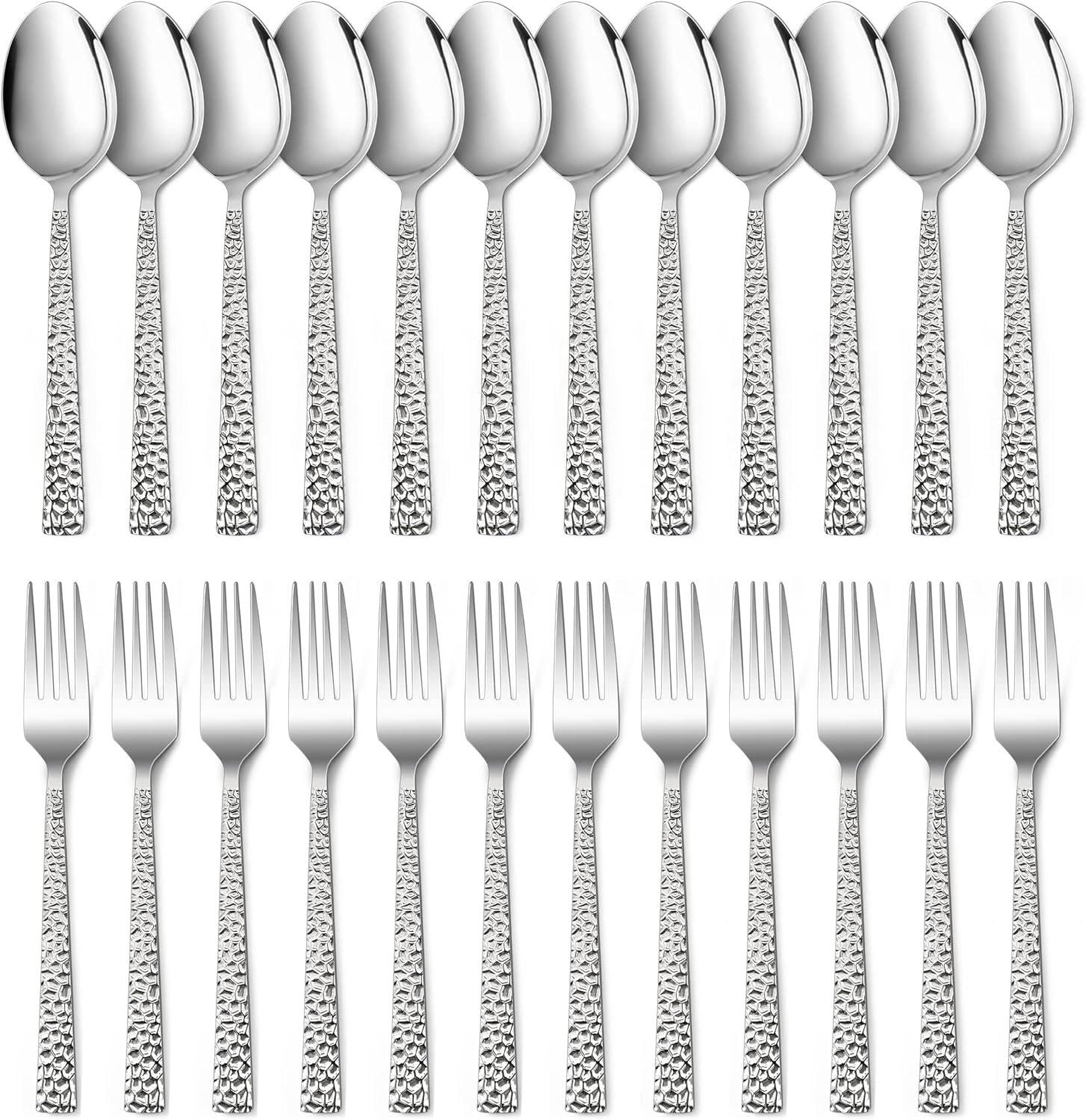 24Piece Hammered Forks and Spoons Silverware Set, Efar Stainless