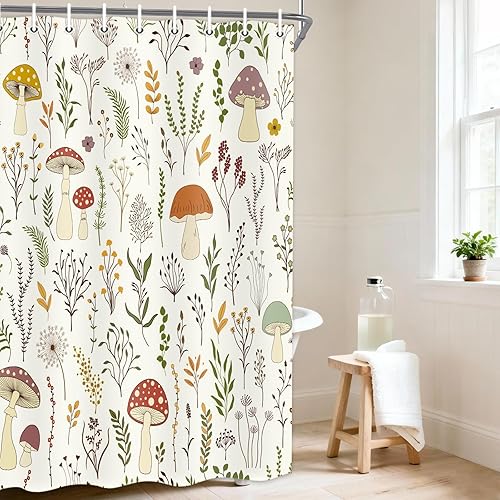 Miniatura 5 de DYNH Bonita cortina de ducha de hongos, cortina de bañera con hojas verdes botánicas florales bohemias, flores retro, decoración de baño con