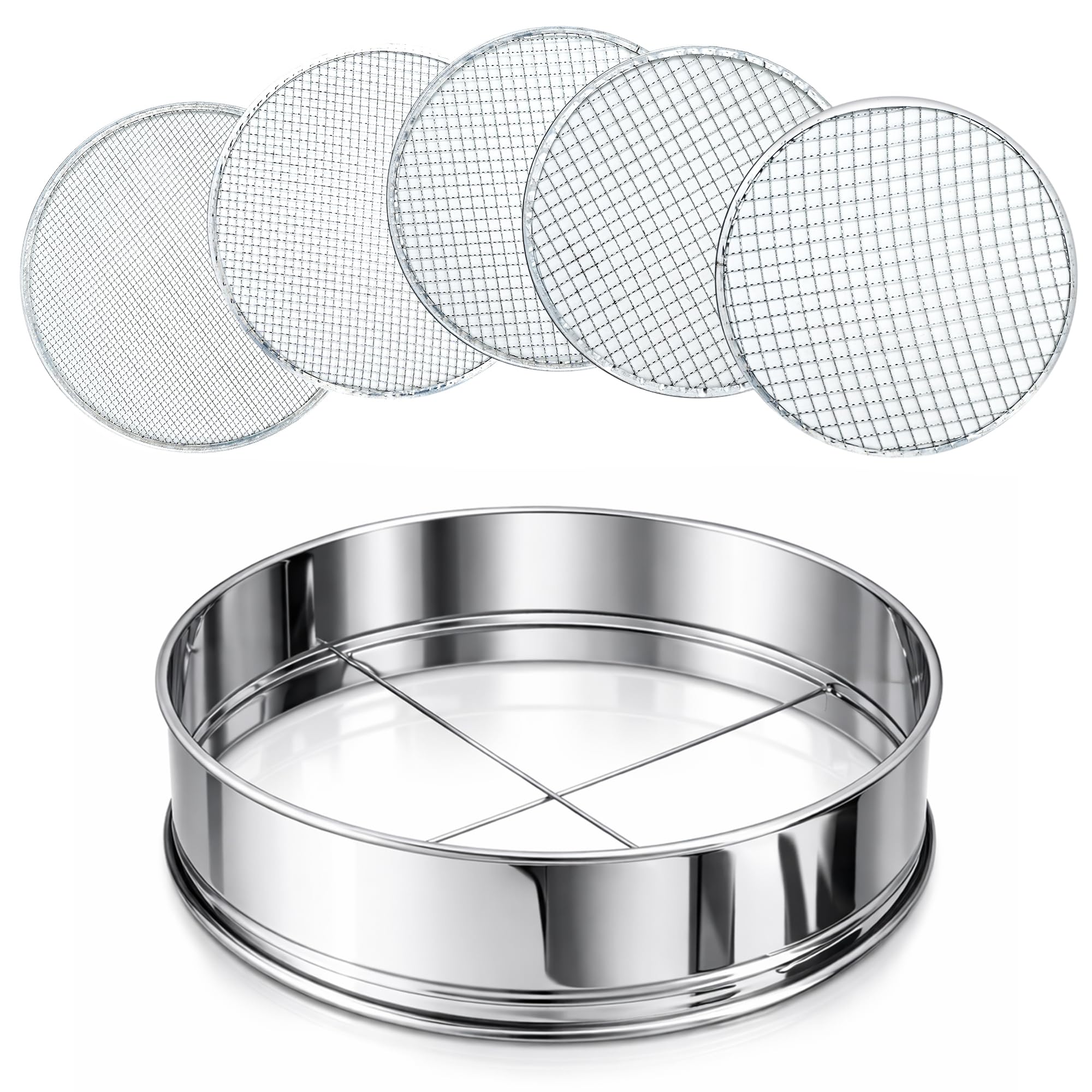 Flatro Garden Sieve for Soil and Stone | Stainless Steel Frame Soil Sieve Garden Riddle with 5 Interchangeable Fine Mesh Inserts (3mm, 5mm, 8mm, 10mm, 12mm) | Metal Garden Compost Soil Sifter