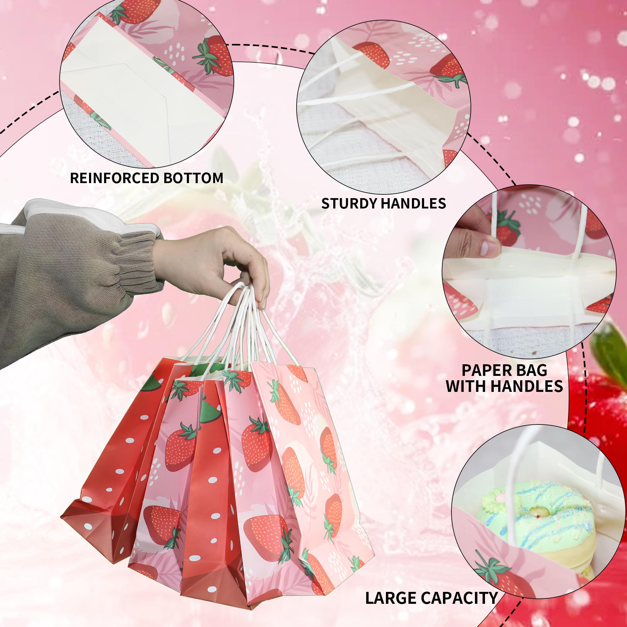 W WINTMING 16Pcs Strawberry Party Favor Bags Strawberry Gift Bags with Handles Pink Red Paper Goodie Bags Cute Fruit Candy Bags for Summer Birthday Party Decoration