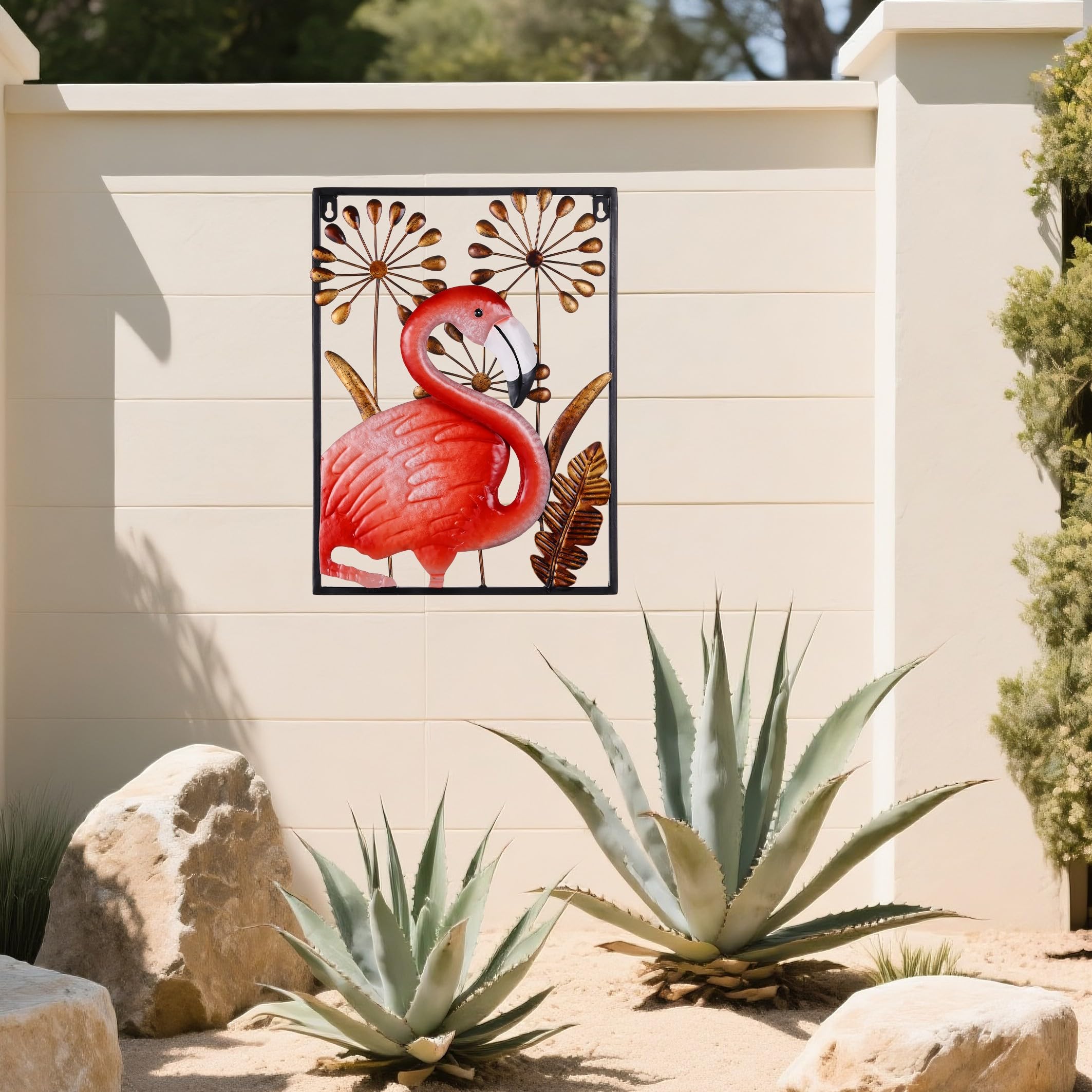 Arte de pared de pájaro de metal, escultura de pared de flamenco 3D de 16 pulgadas, decoración al aire libre, decoración de pared