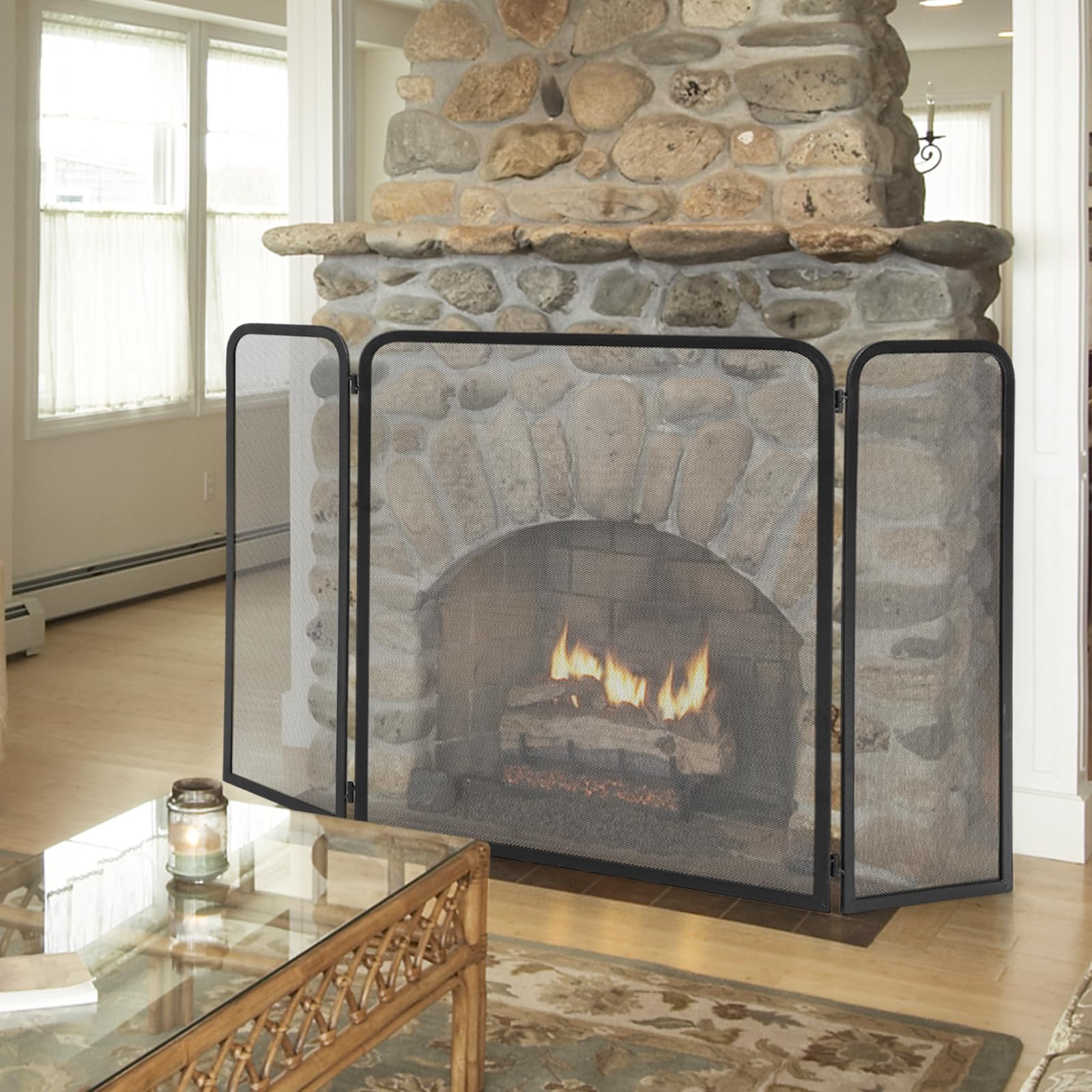 LIFEZEAL Écran de Cheminée à 3 Panneaux, par Feu Cheminée en Fer avec Charnières Flexibles, Pare-Étincelles sur Pied Pliable pour Salon, 96 x 1 x 61 cm, Noir