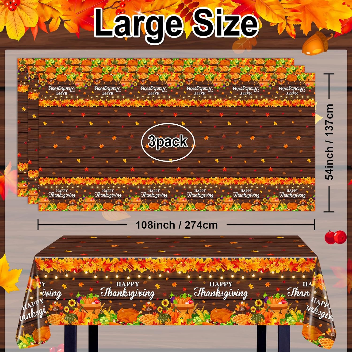 Avezano 3 pcs Thanksgiving Tablecloths 108 x 54 inch Happy Thanksgiving Party Tablecloth Disposable Rectangle Autumn Harvest Themed Party Table Decorations