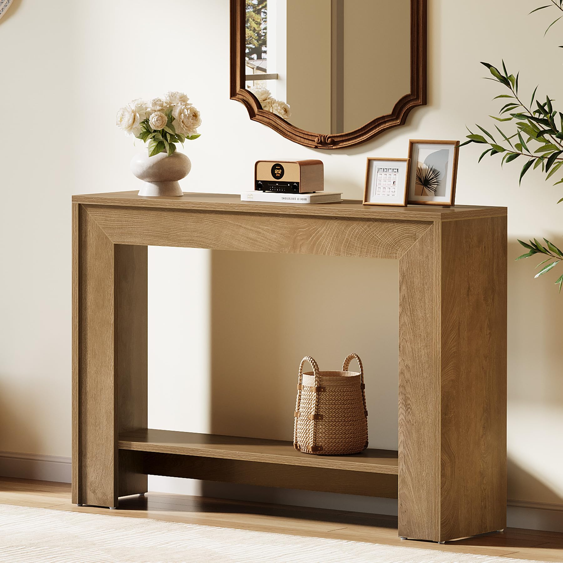 Tribesigns Mesa consola estrecha de 105 cm con espacio de almacenamiento abierto de 2 niveles, mesa de sofá detrás del sofá, mesa de consola rústica para salón, pasillo, vestíbulo, nogal claro