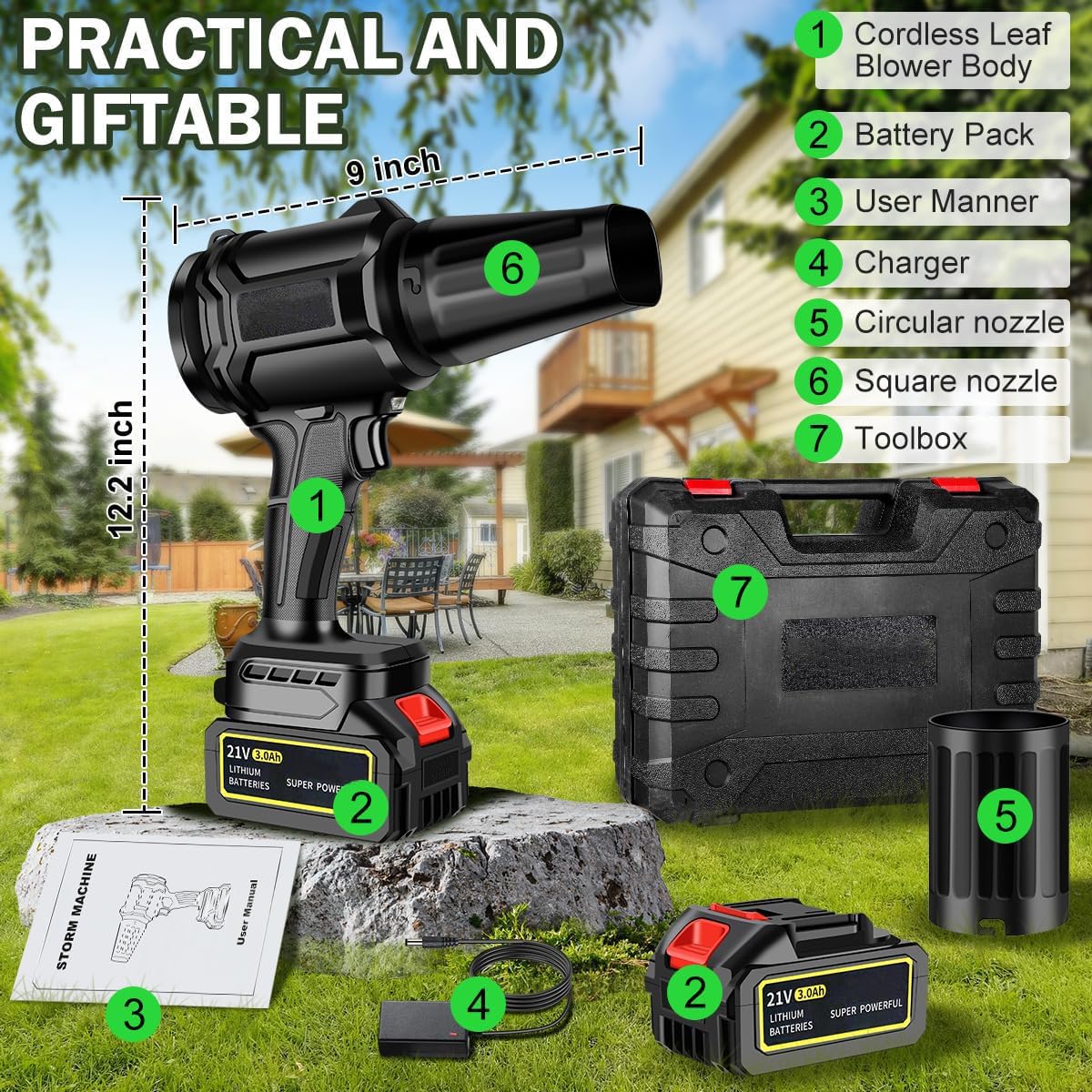 Ventola turbo da 3000 W, a batteria, con 2 batterie, 30.000 giri/min, motore senza spazzole, soffiatore elettrico per foglie, neve e polvere, regolabile in modo continuo (nero)